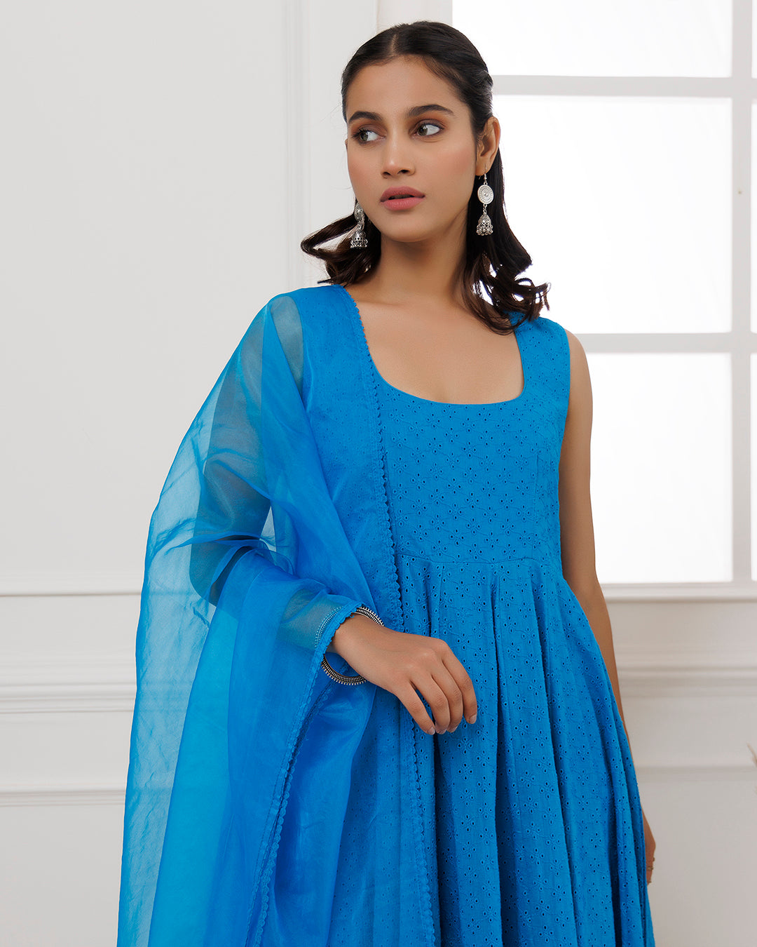 Turquoise Schiffli Sleeveless Anarkali Suit
