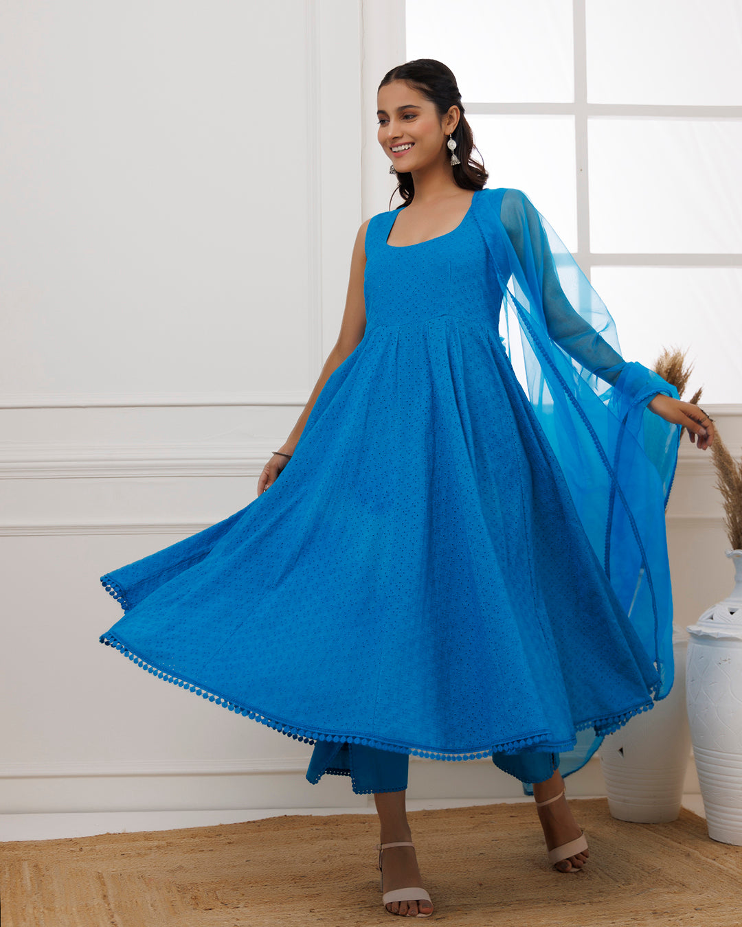 Turquoise Schiffli Sleeveless Anarkali Suit