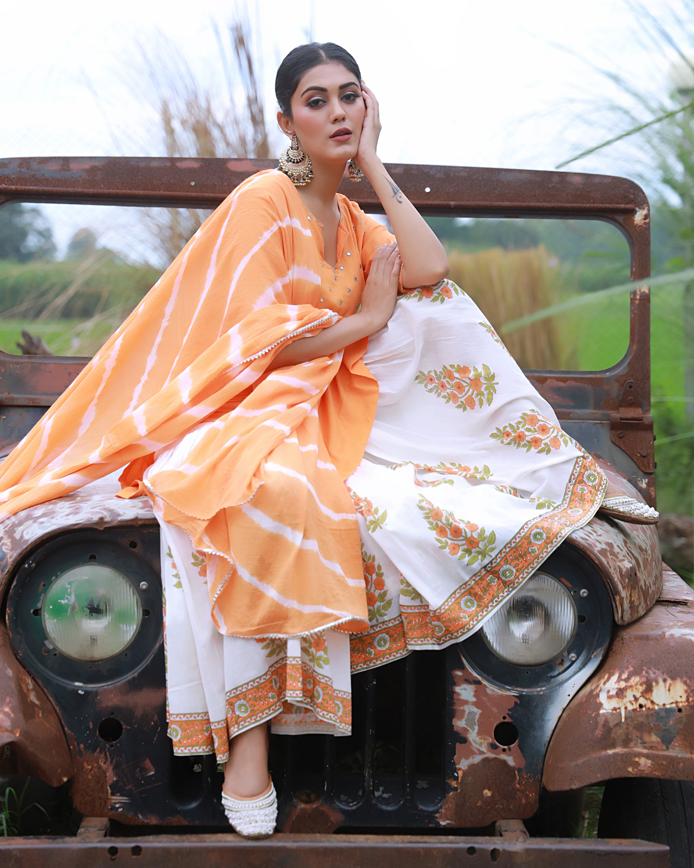 Bahaar Orange Handblock Printed Sharara Suit Set