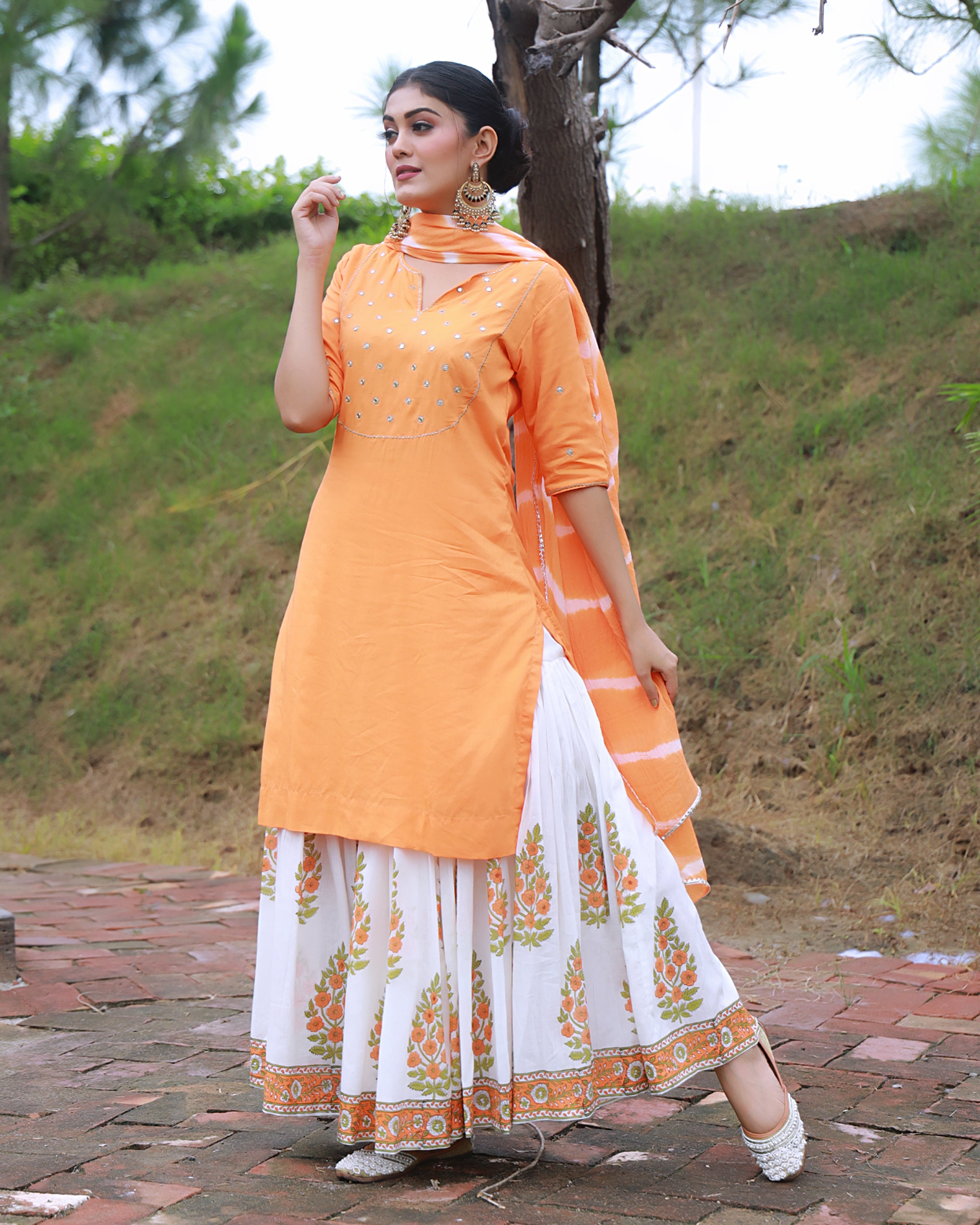 Bahaar Orange Handblock Printed Sharara Suit Set