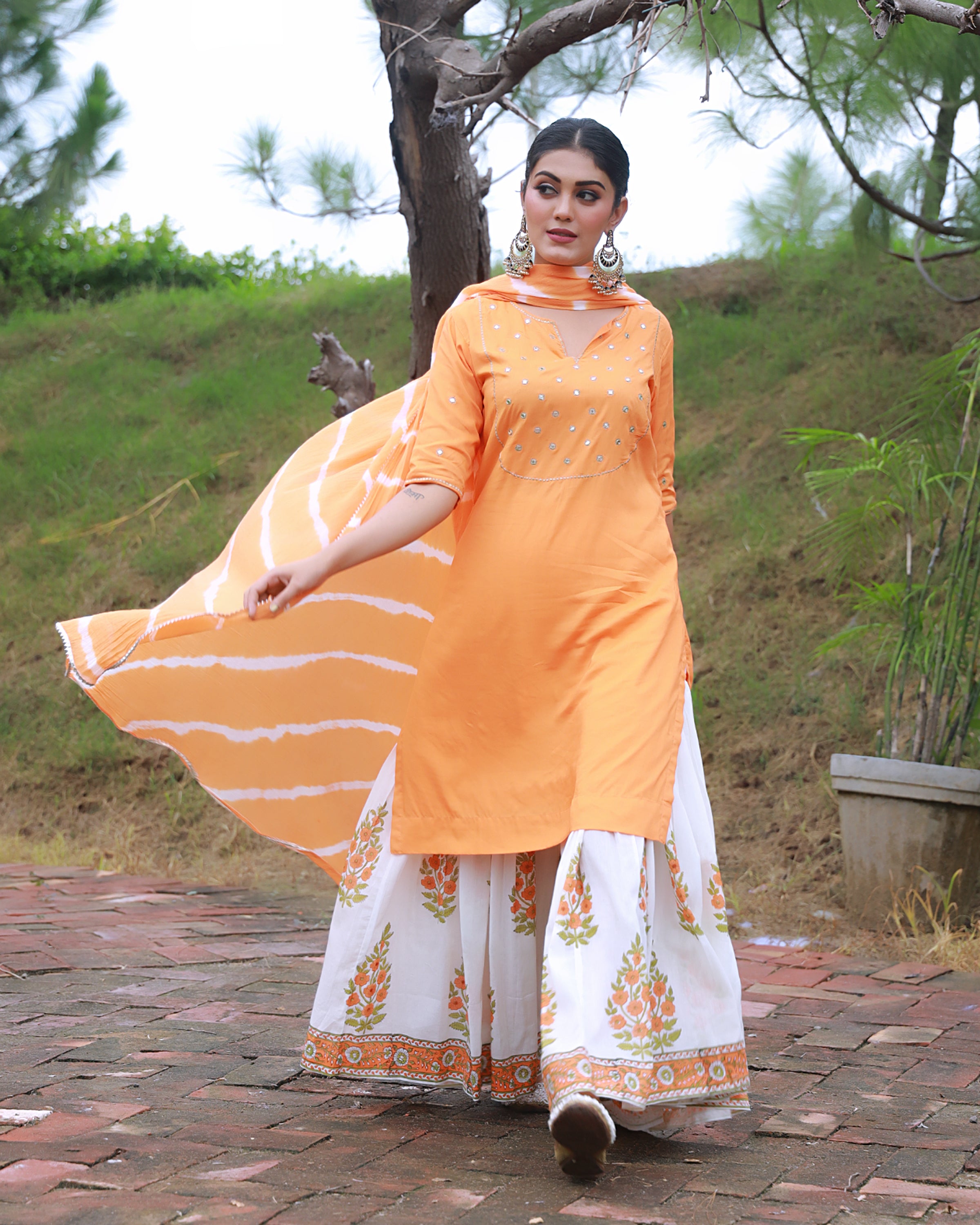 Bahaar Orange Handblock Printed Sharara Suit Set