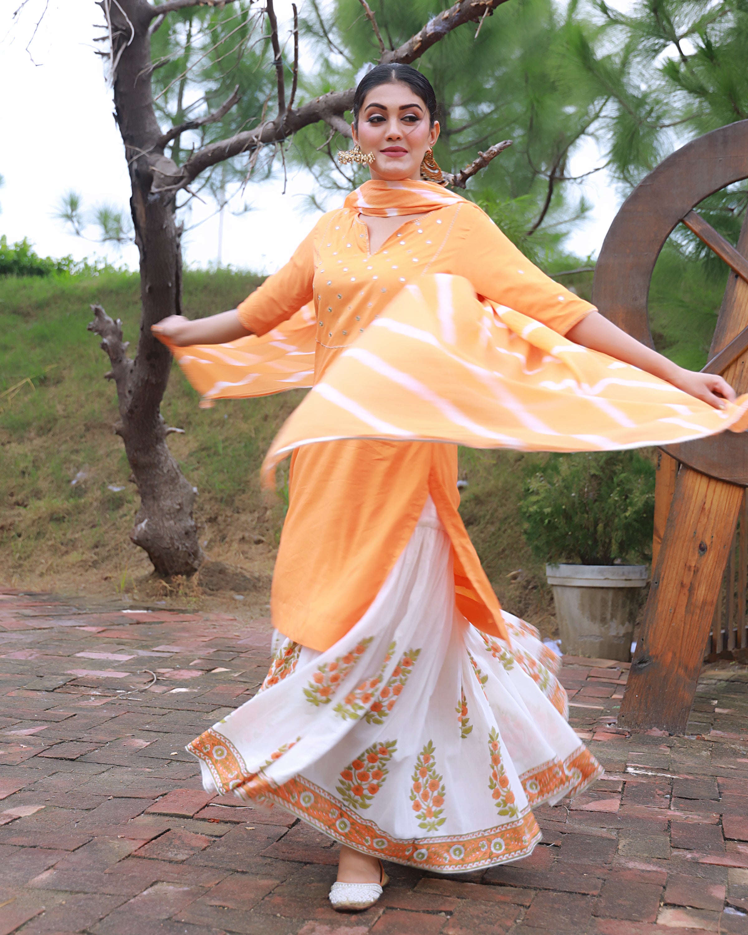 Bahaar Orange Handblock Printed Sharara Suit Set