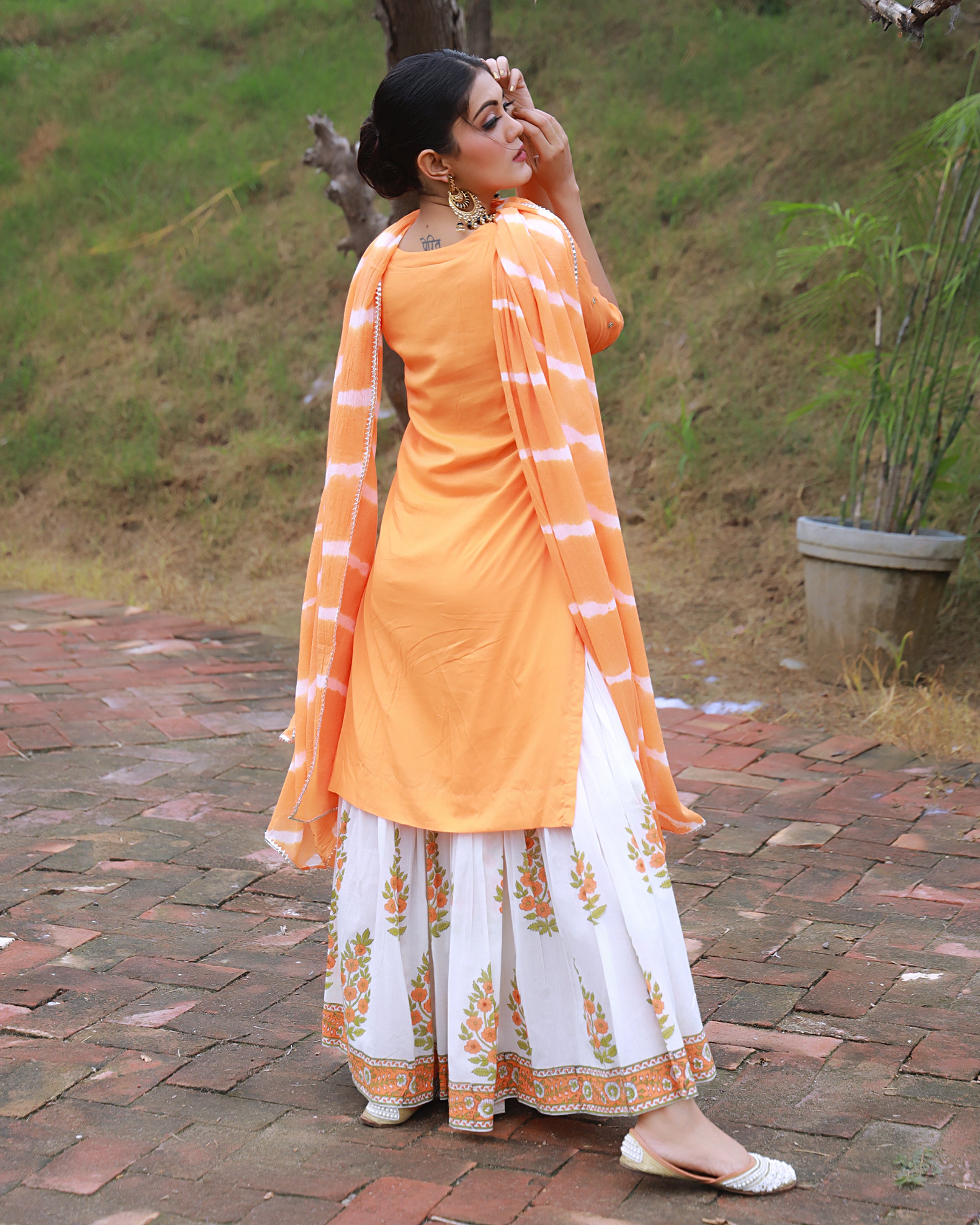 Bahaar Orange Handblock Printed Sharara Suit Set