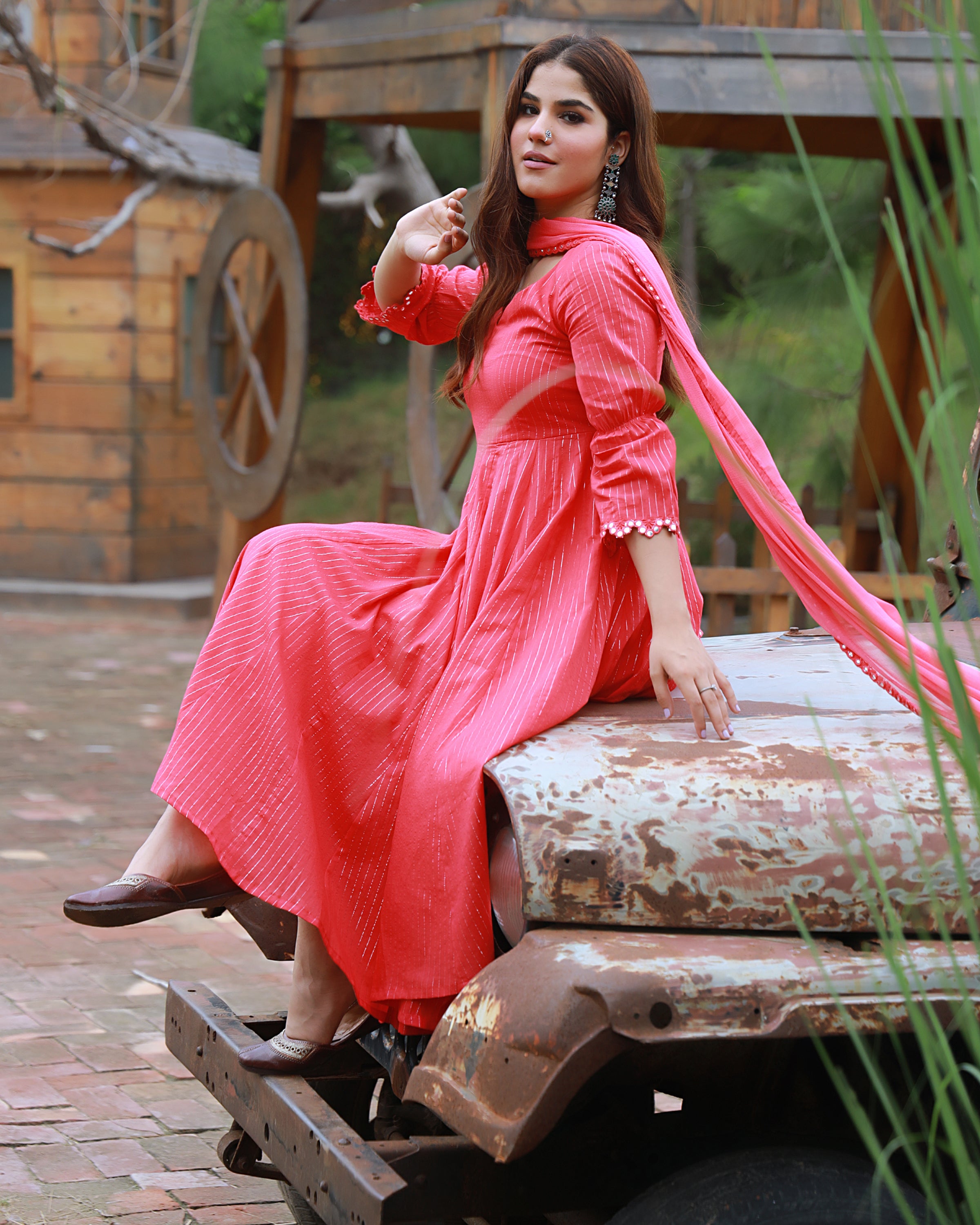 Coral Cotton Lurex Anarkali Suit