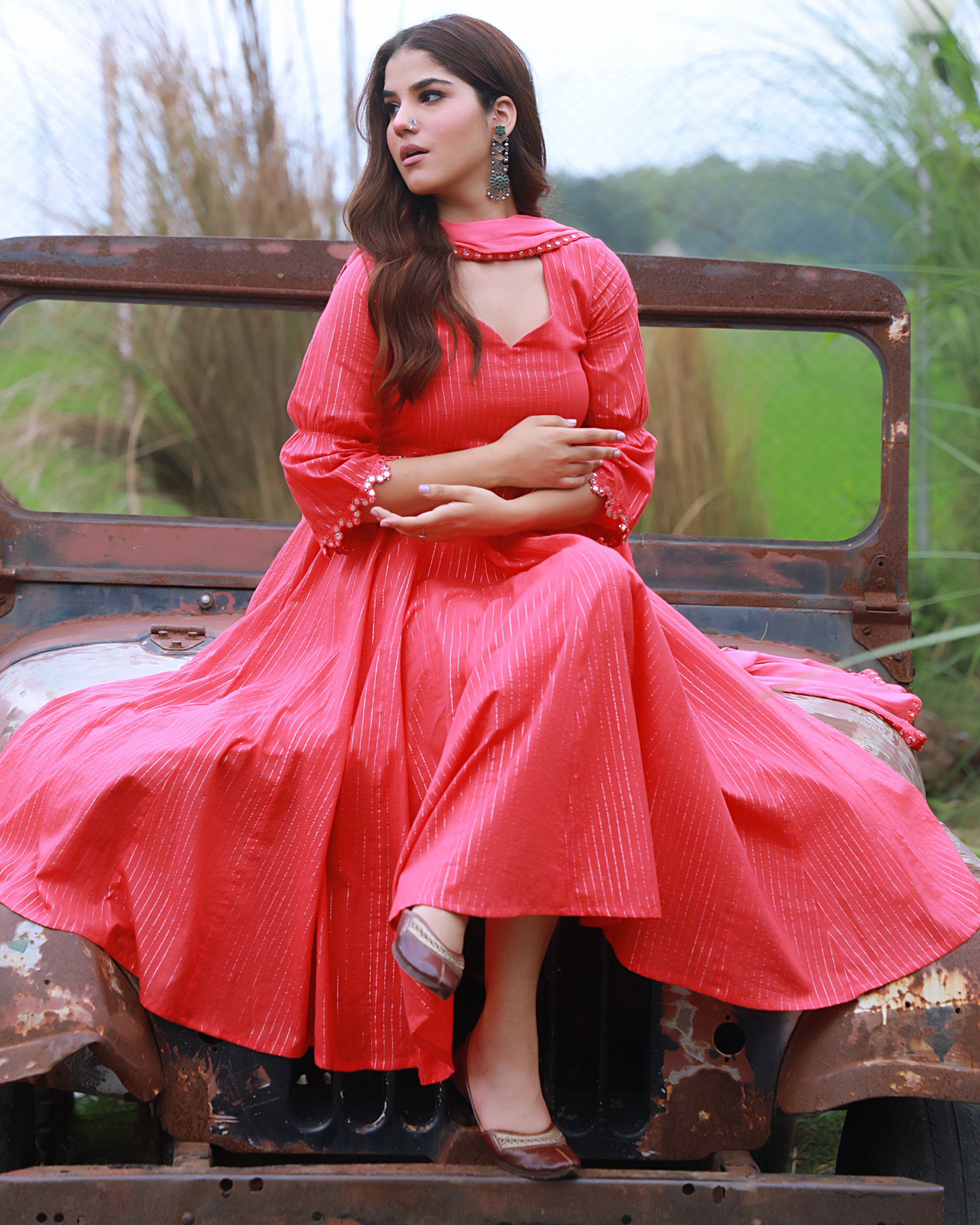 Coral Cotton Lurex Anarkali Suit