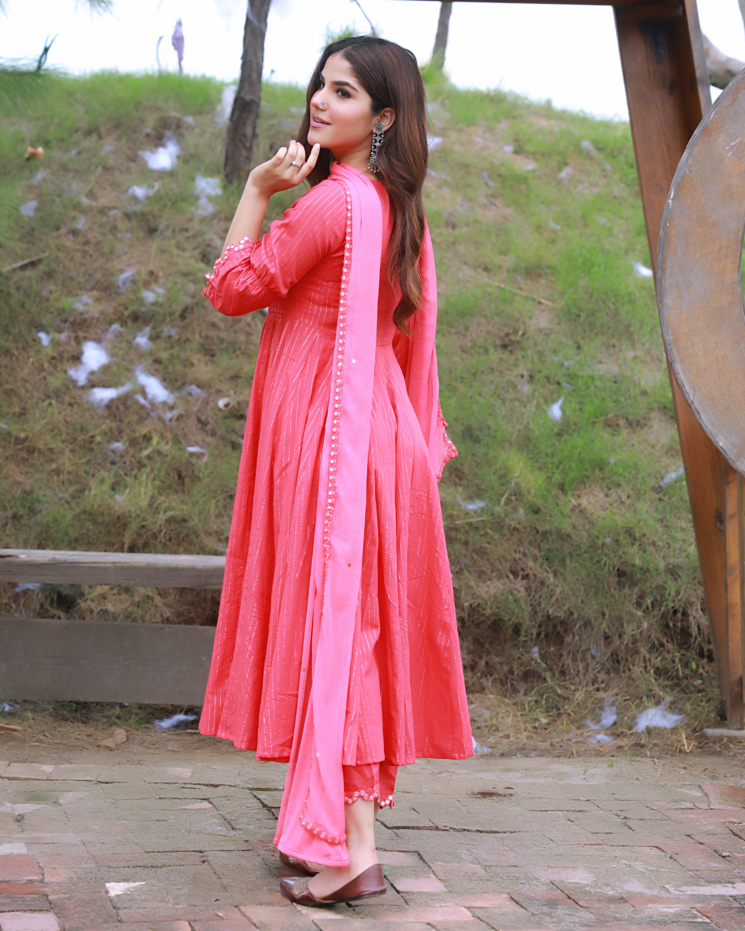 Coral Cotton Lurex Anarkali Suit