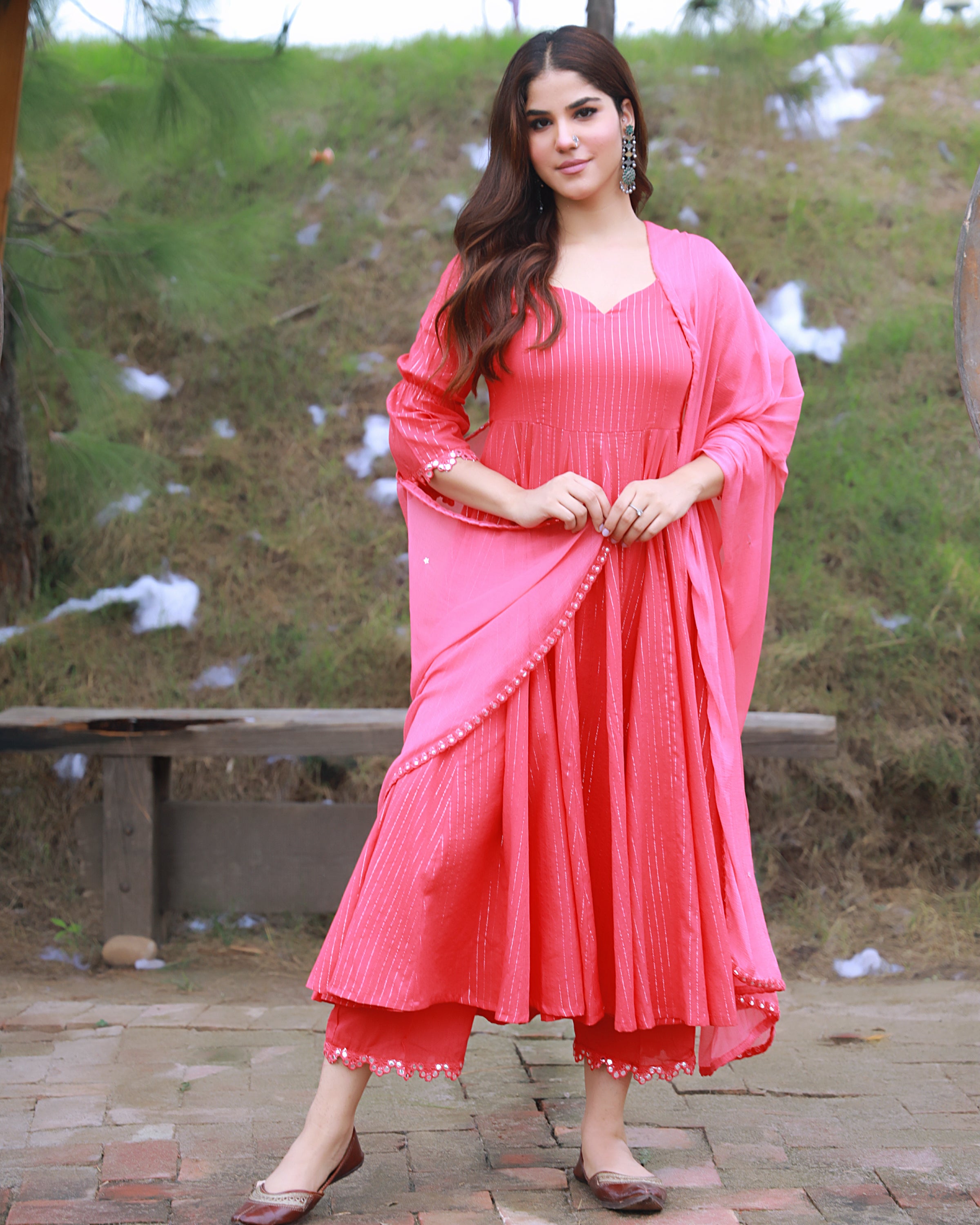 Coral Cotton Lurex Anarkali Suit