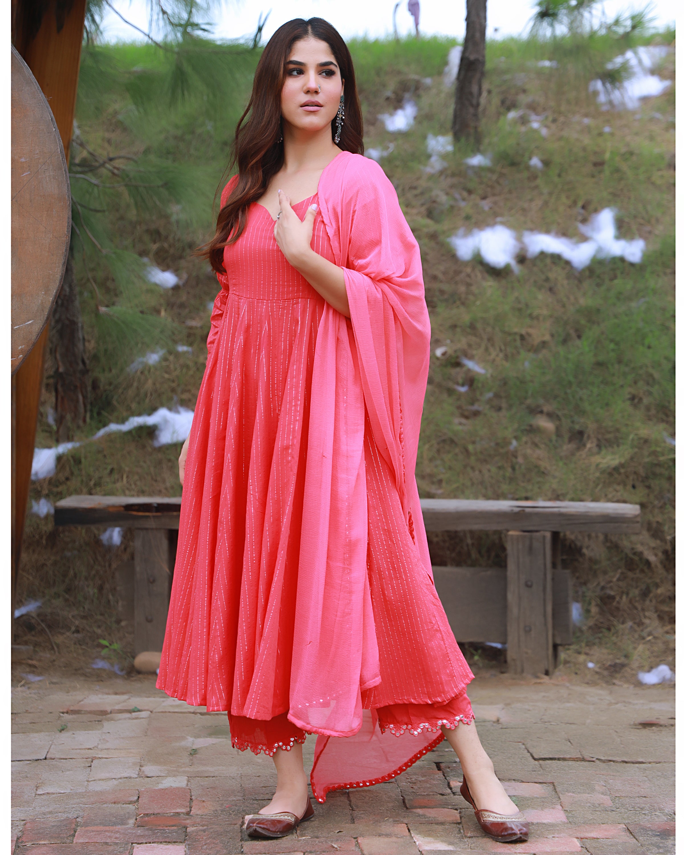 Coral Cotton Lurex Anarkali Suit