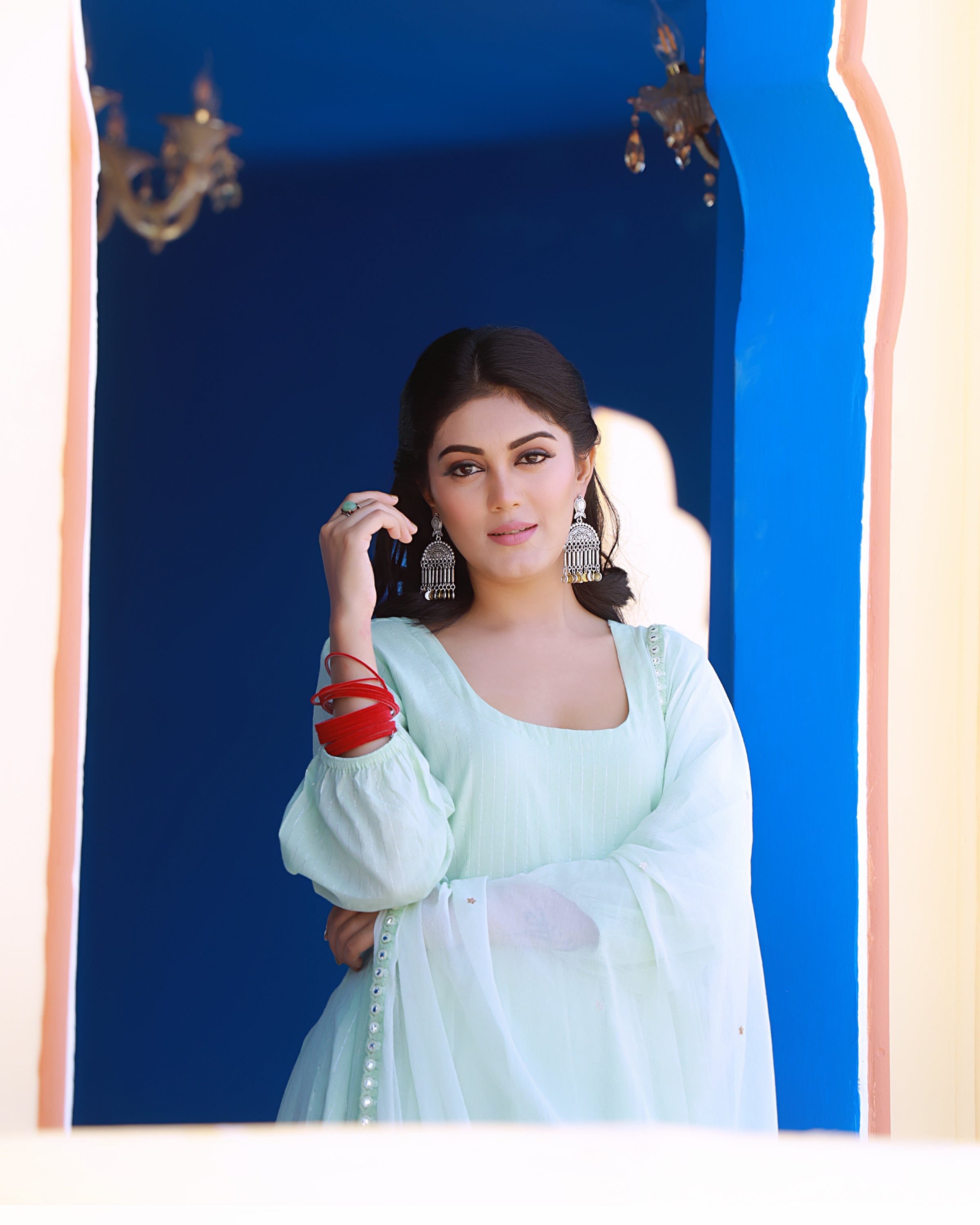 Sea Green Cotton Lurex Anarkali Suit