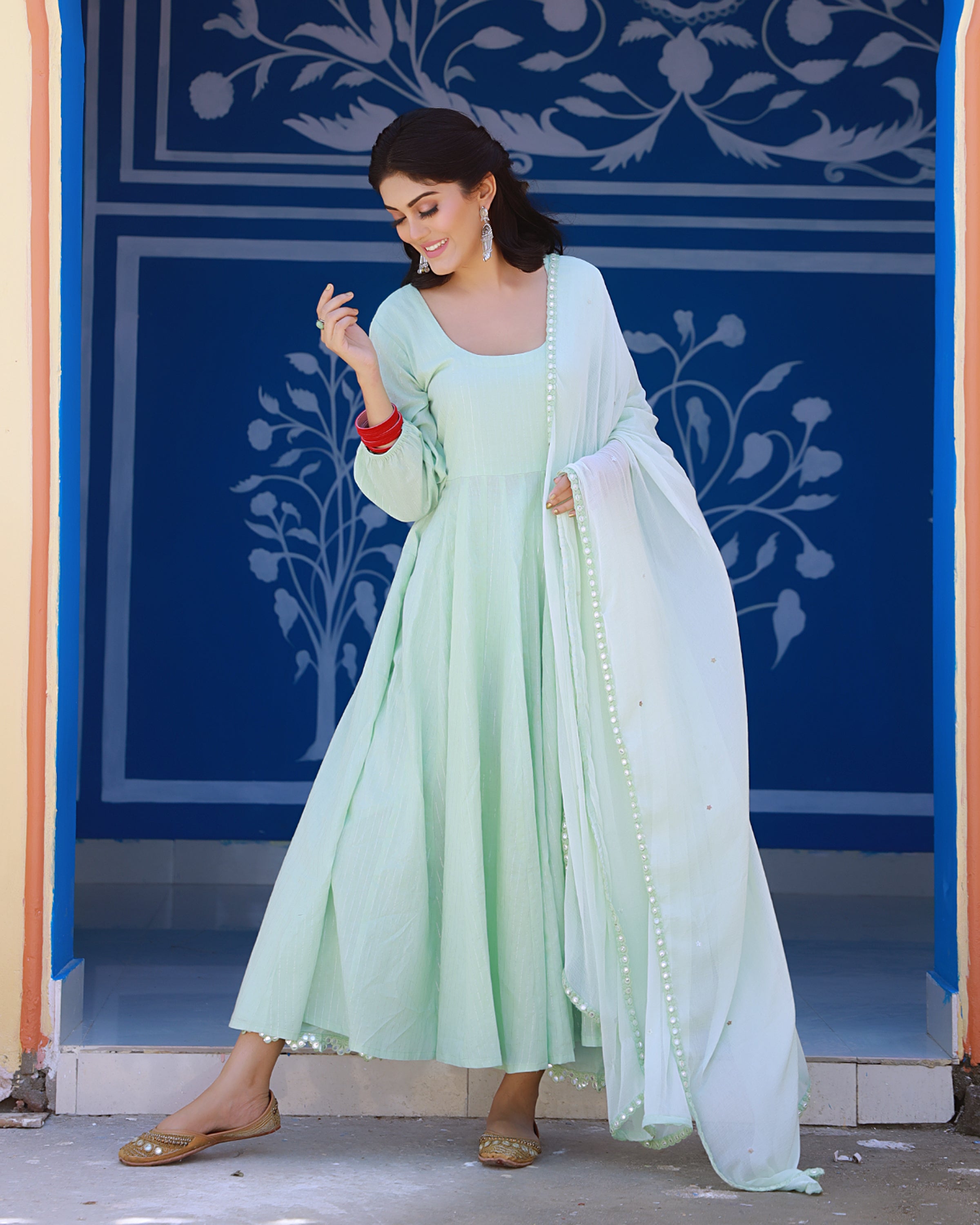 Sea Green Cotton Lurex Anarkali Suit