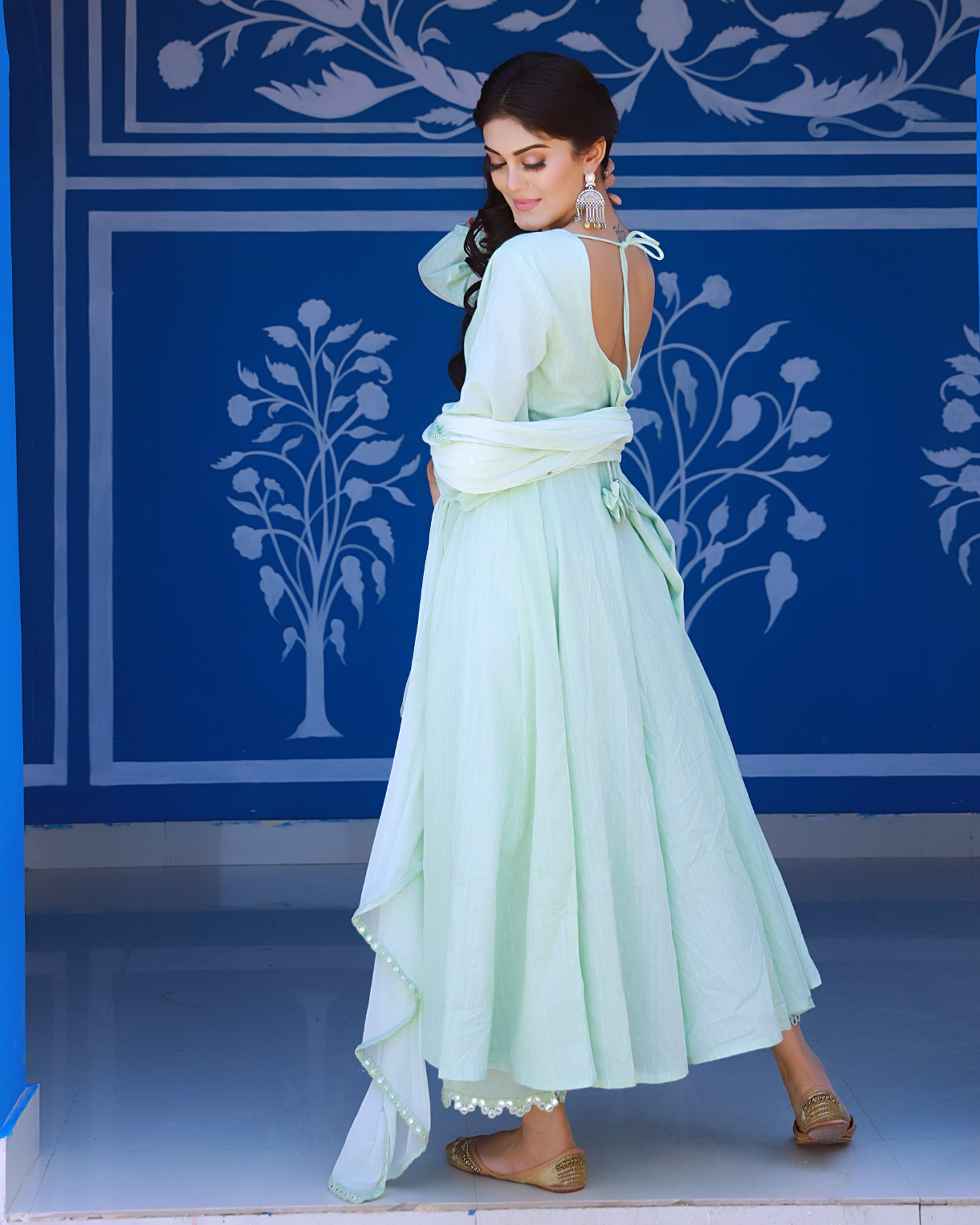 Sea Green Cotton Lurex Anarkali Suit