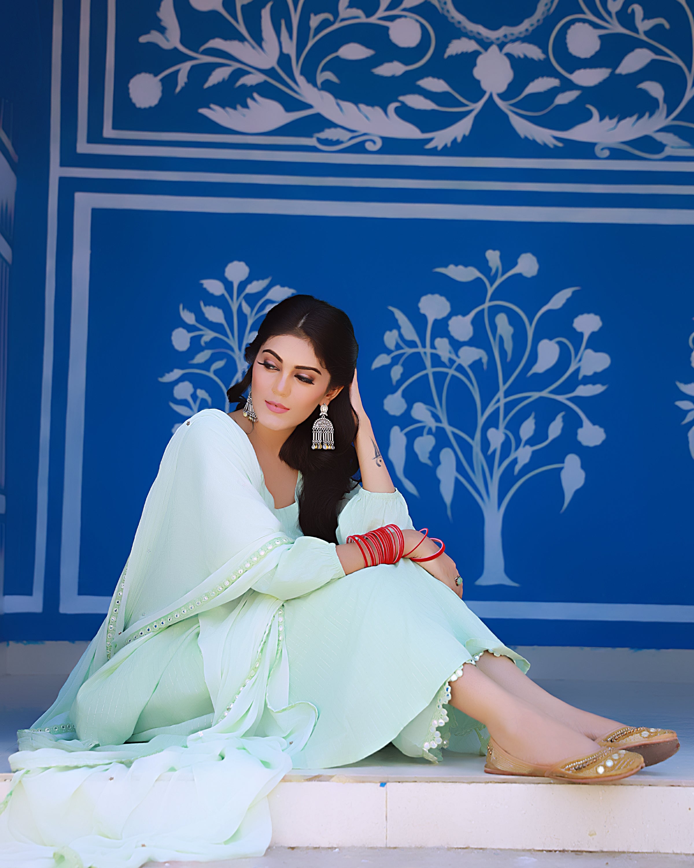 Sea Green Cotton Lurex Anarkali Suit