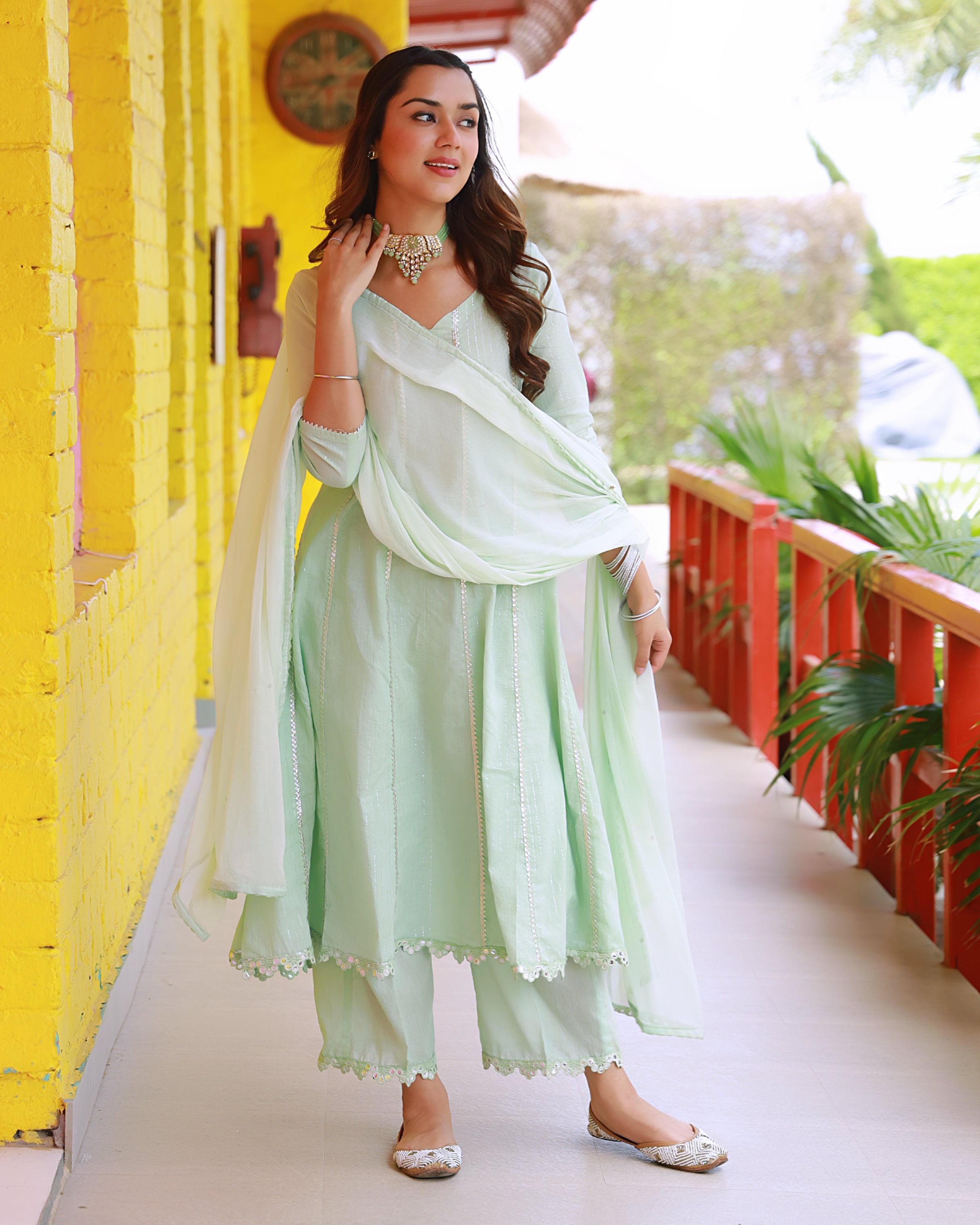 Sitara Sea Green Lurex A-line Suit Set