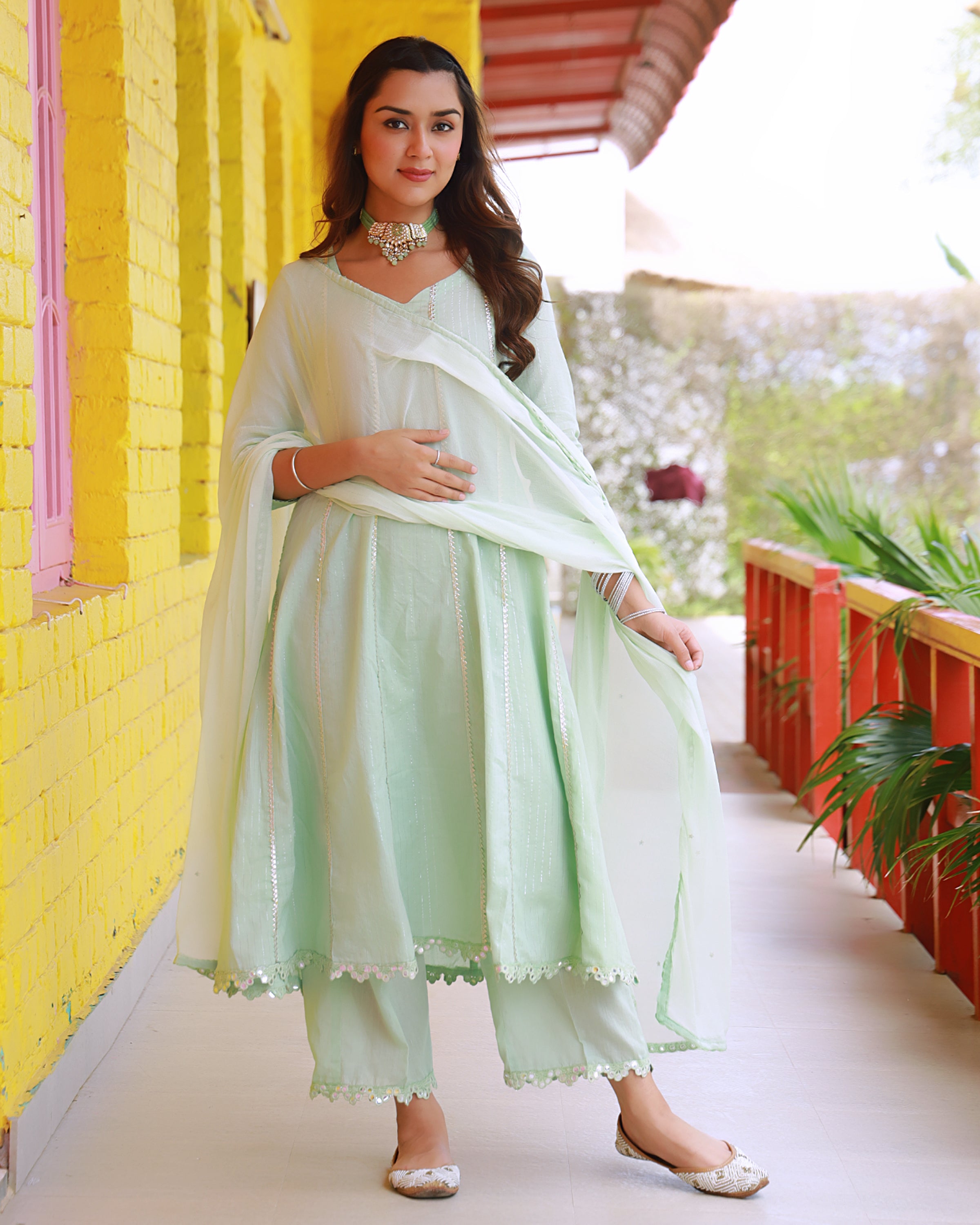Sitara Sea Green Lurex A-line Suit Set