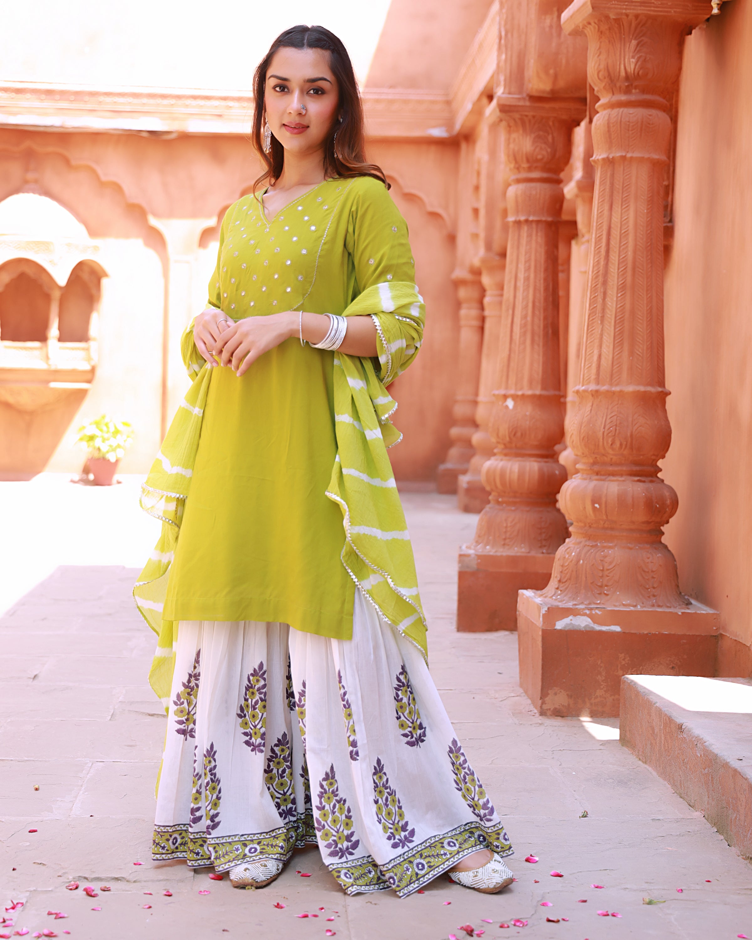 Bahaar Green Handblock Printed Sharara Suit Set