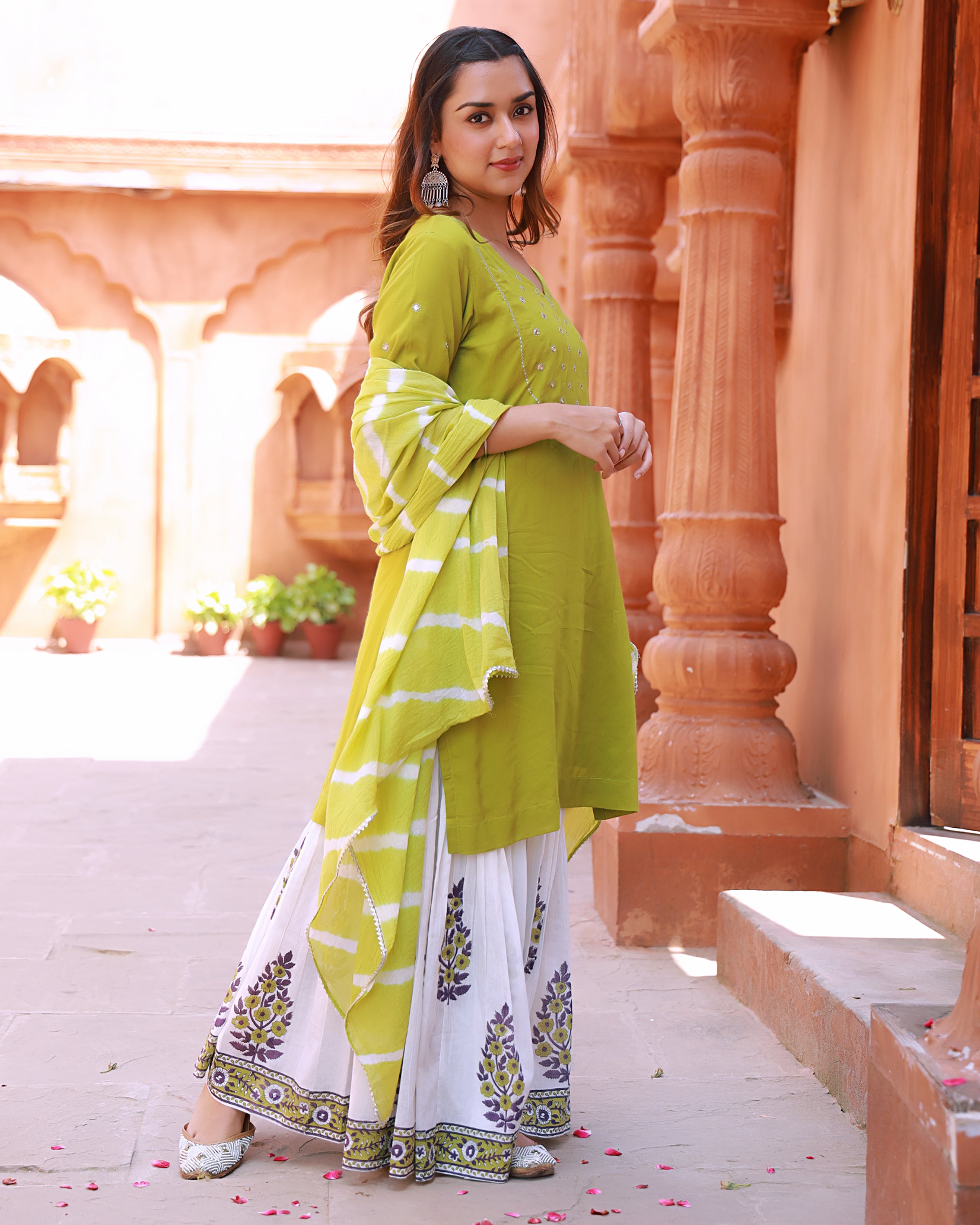 Bahaar Green Handblock Printed Sharara Suit Set