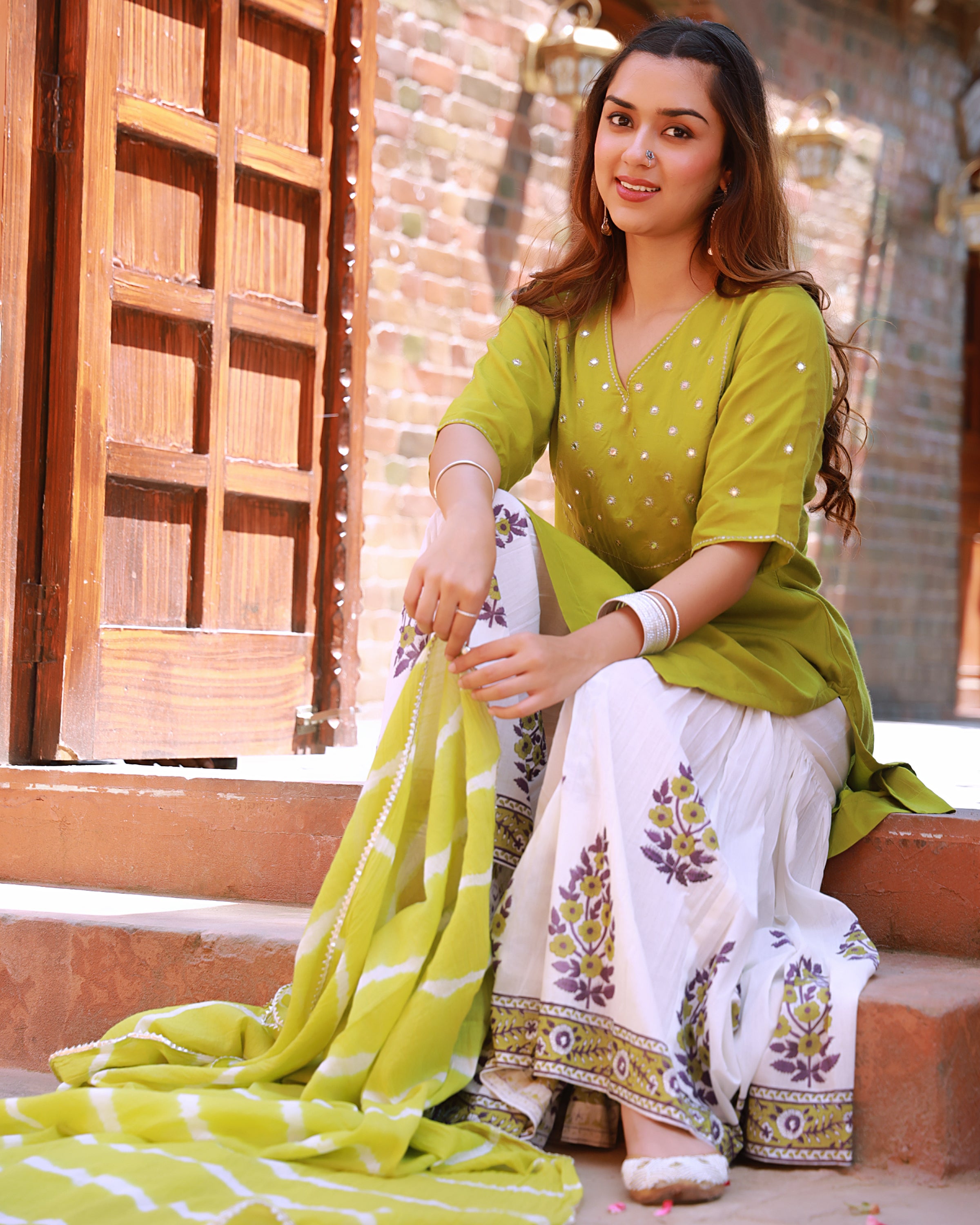 Bahaar Green Handblock Printed Sharara Suit Set