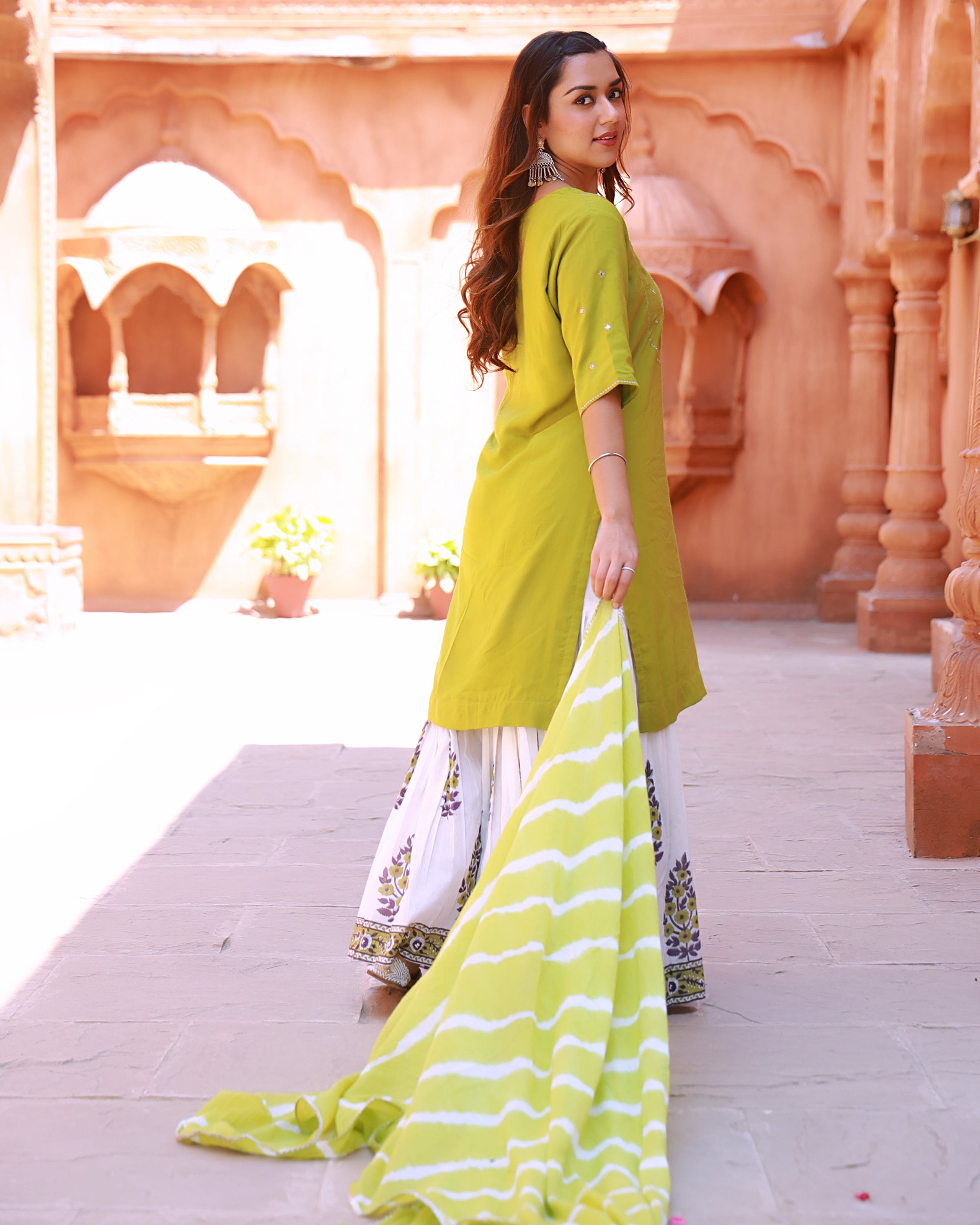 Bahaar Green Handblock Printed Sharara Suit Set
