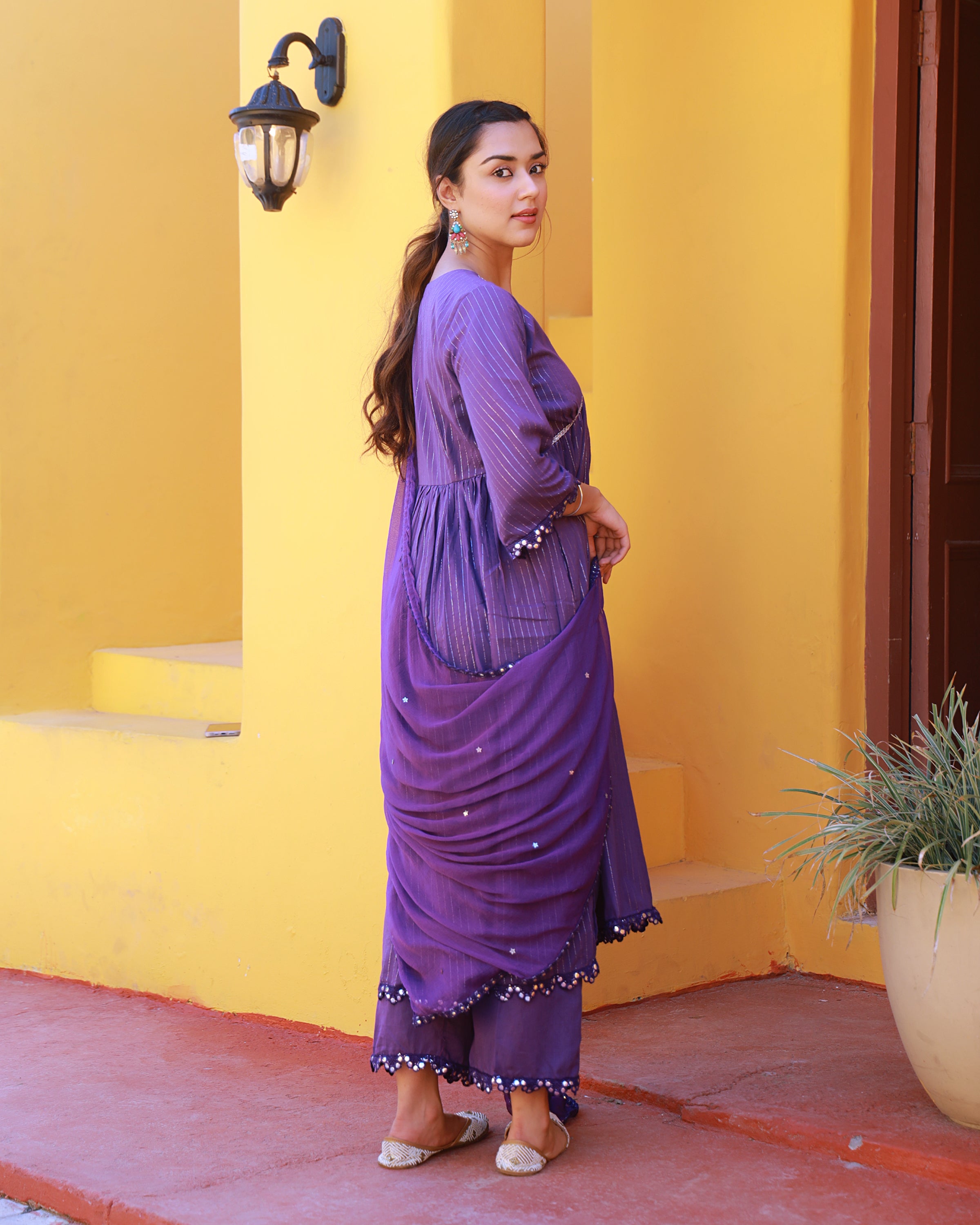 Sitara Violet Lurex Gathered Kurta Suit Set