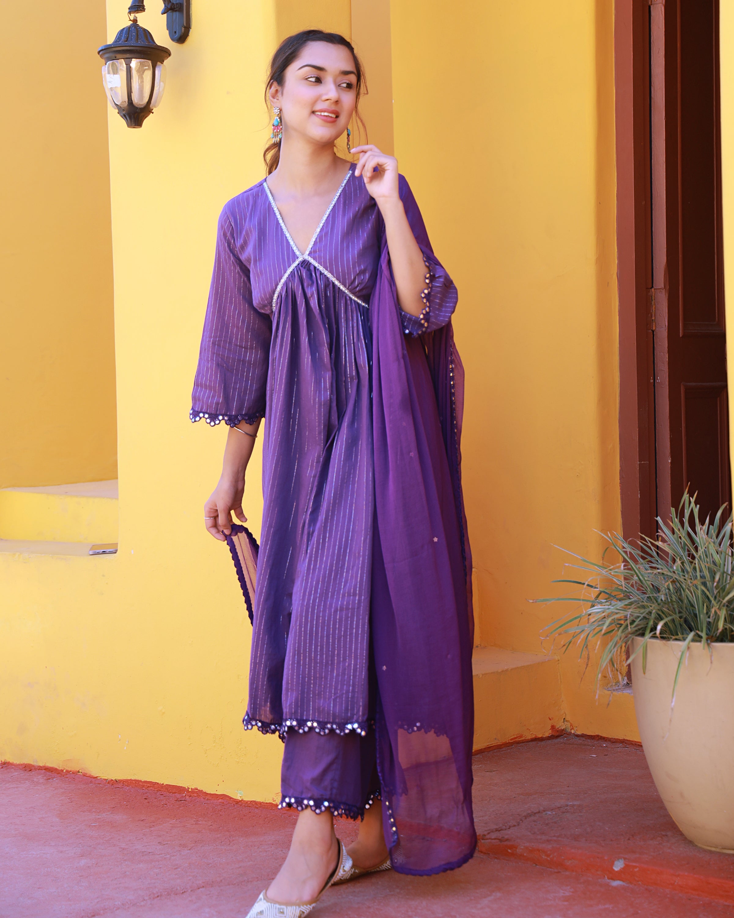 Sitara Violet Lurex Gathered Kurta Suit Set
