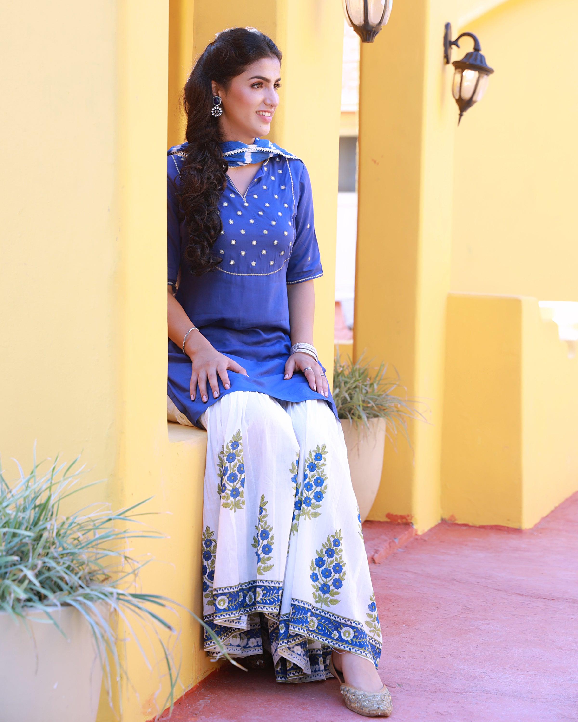 Bahaar Blue Handblock Printed Sharara Suit Set