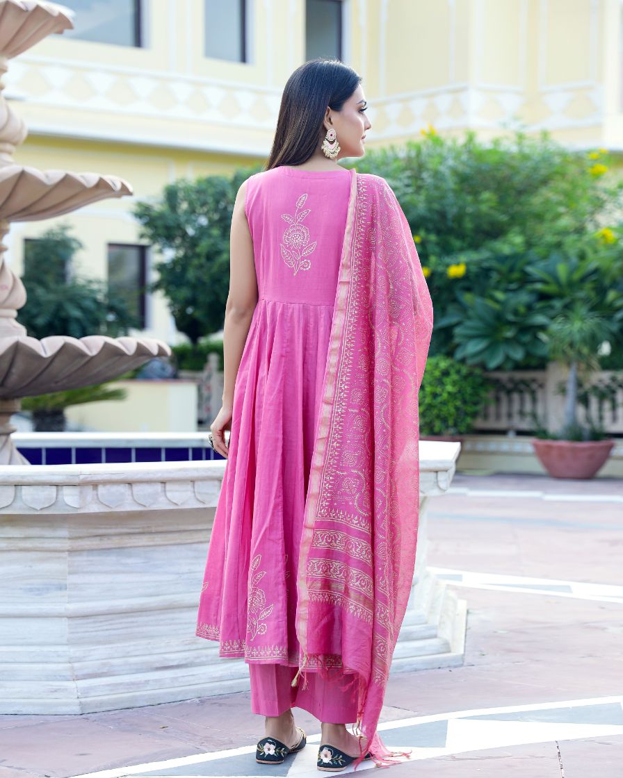 Pink Handblock Printed Sleeveless Anarkali Suit