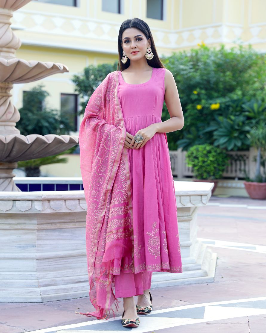 Pink Handblock Printed Sleeveless Anarkali Suit