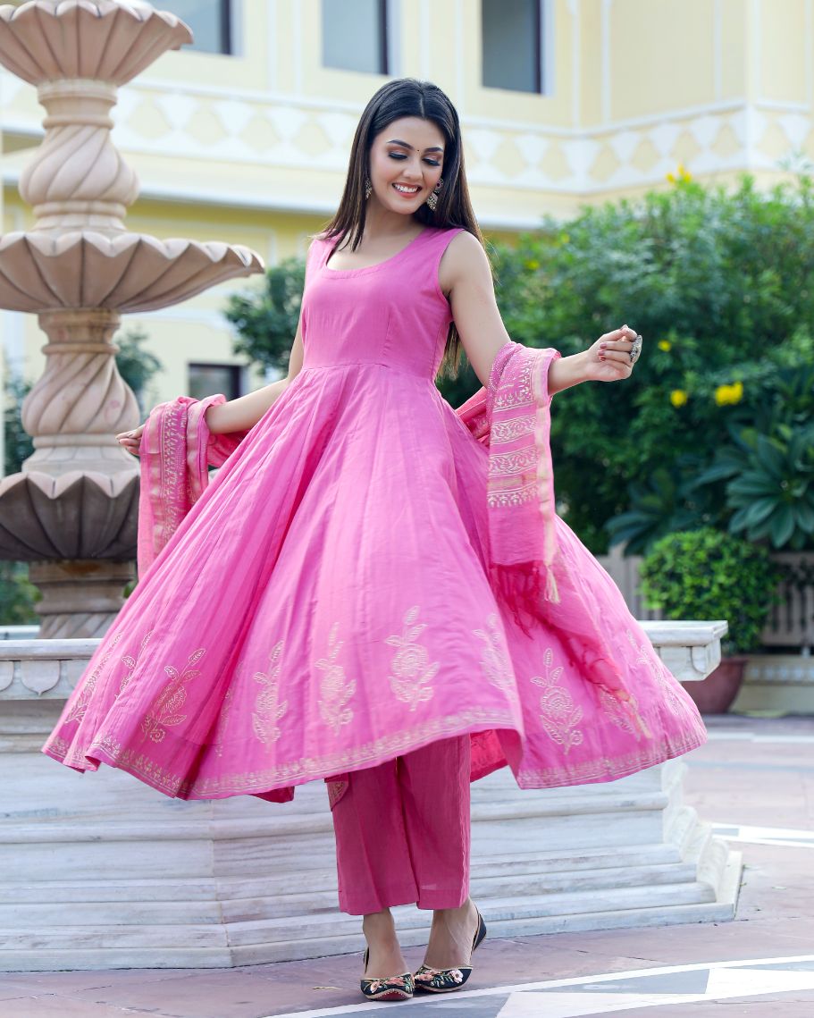 Pink Handblock Printed Sleeveless Anarkali Suit