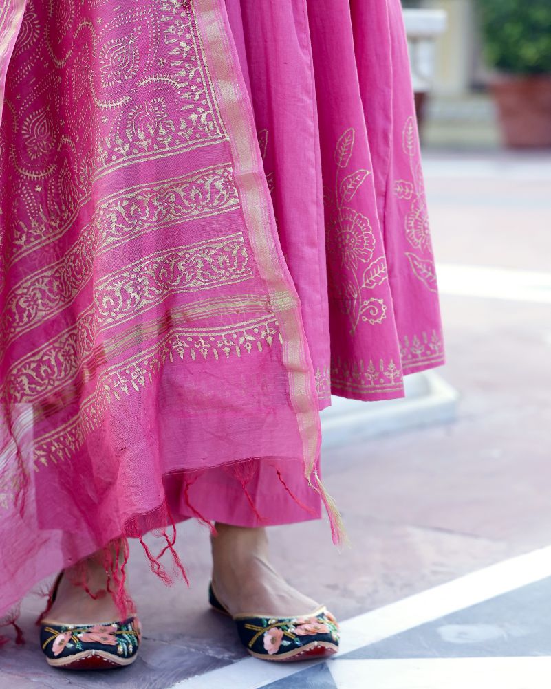 Pink Handblock Printed Sleeveless Anarkali Suit