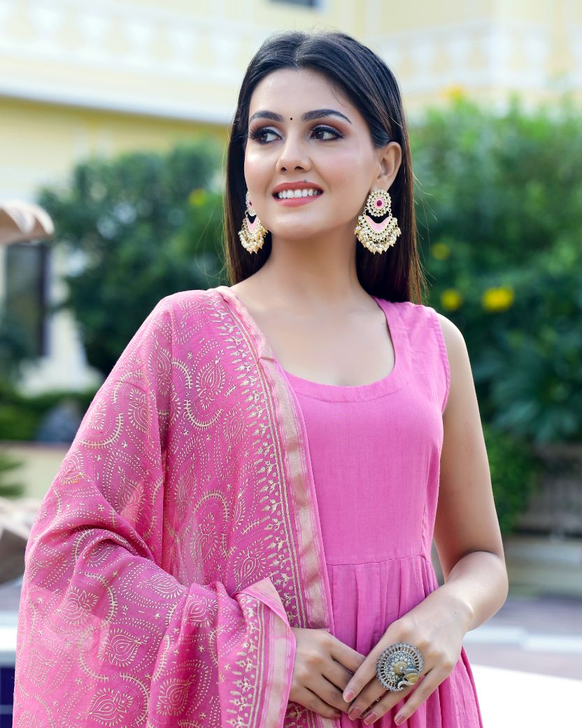 Pink Handblock Printed Sleeveless Anarkali Suit