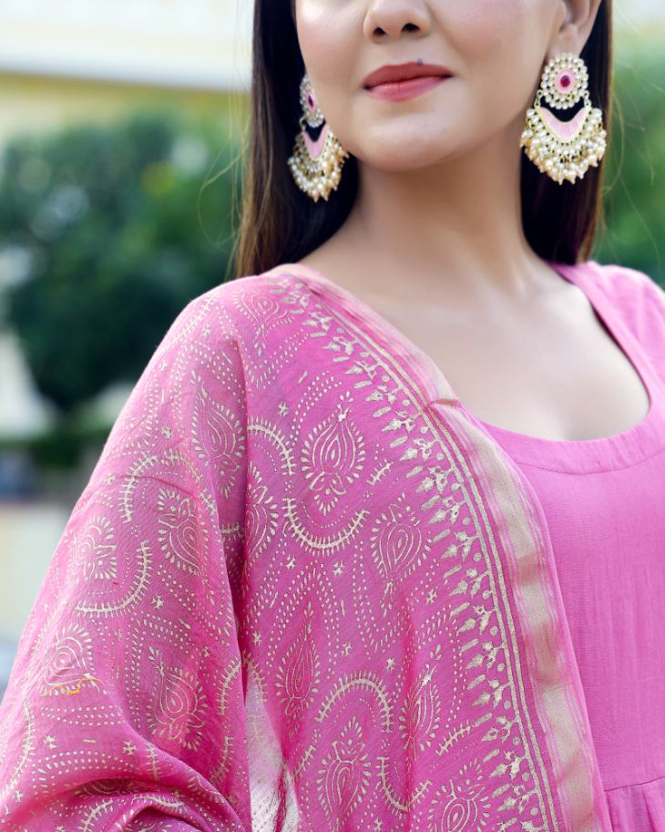 Pink Handblock Printed Sleeveless Anarkali Suit