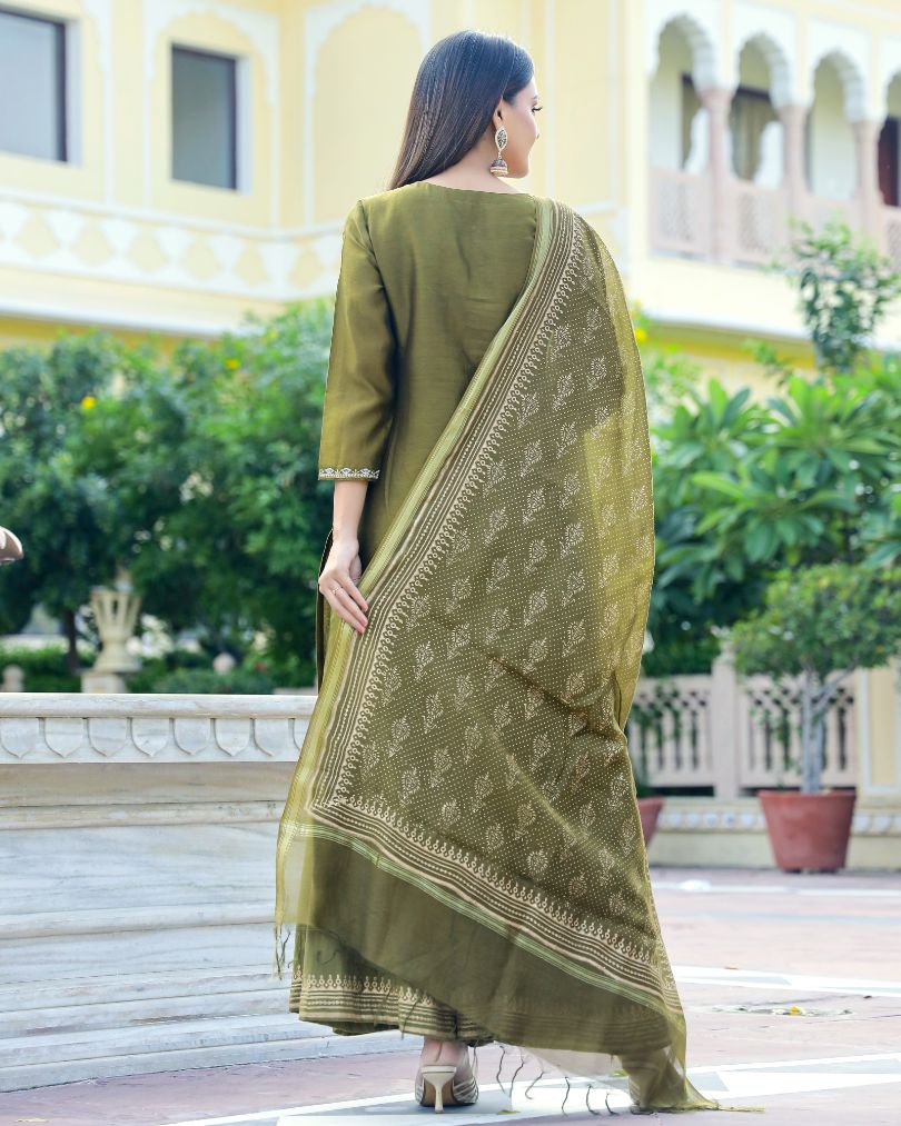 Moss Gold Handblock Chanderi Suit Set