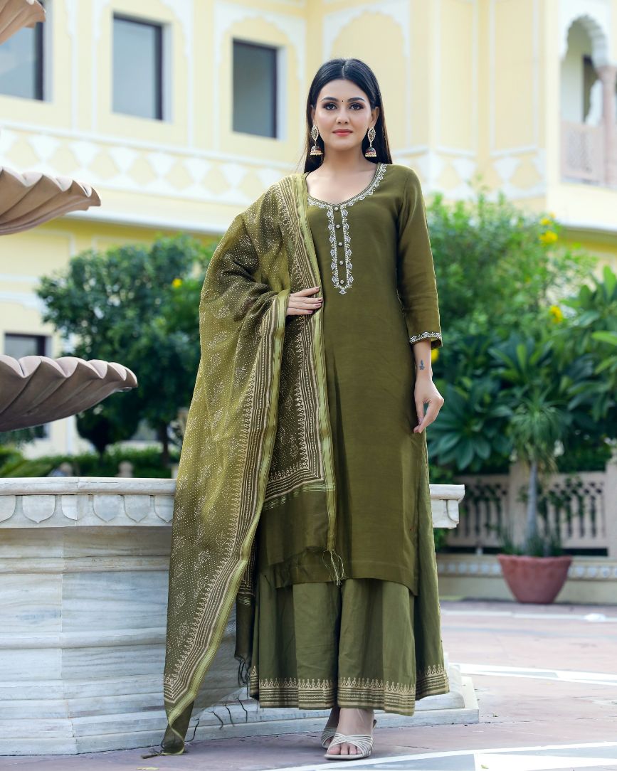 Moss Gold Handblock Chanderi Suit Set