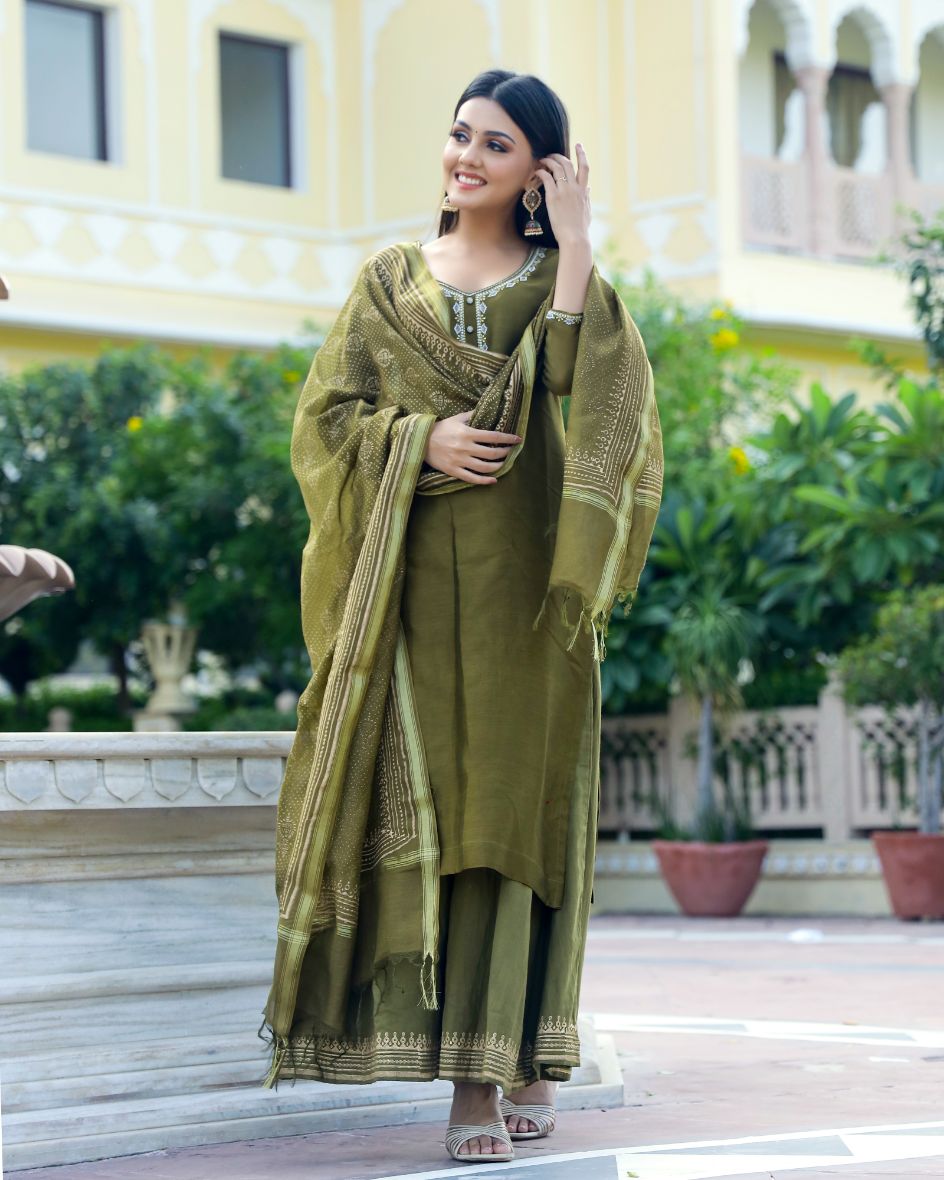 Moss Gold Handblock Chanderi Suit Set