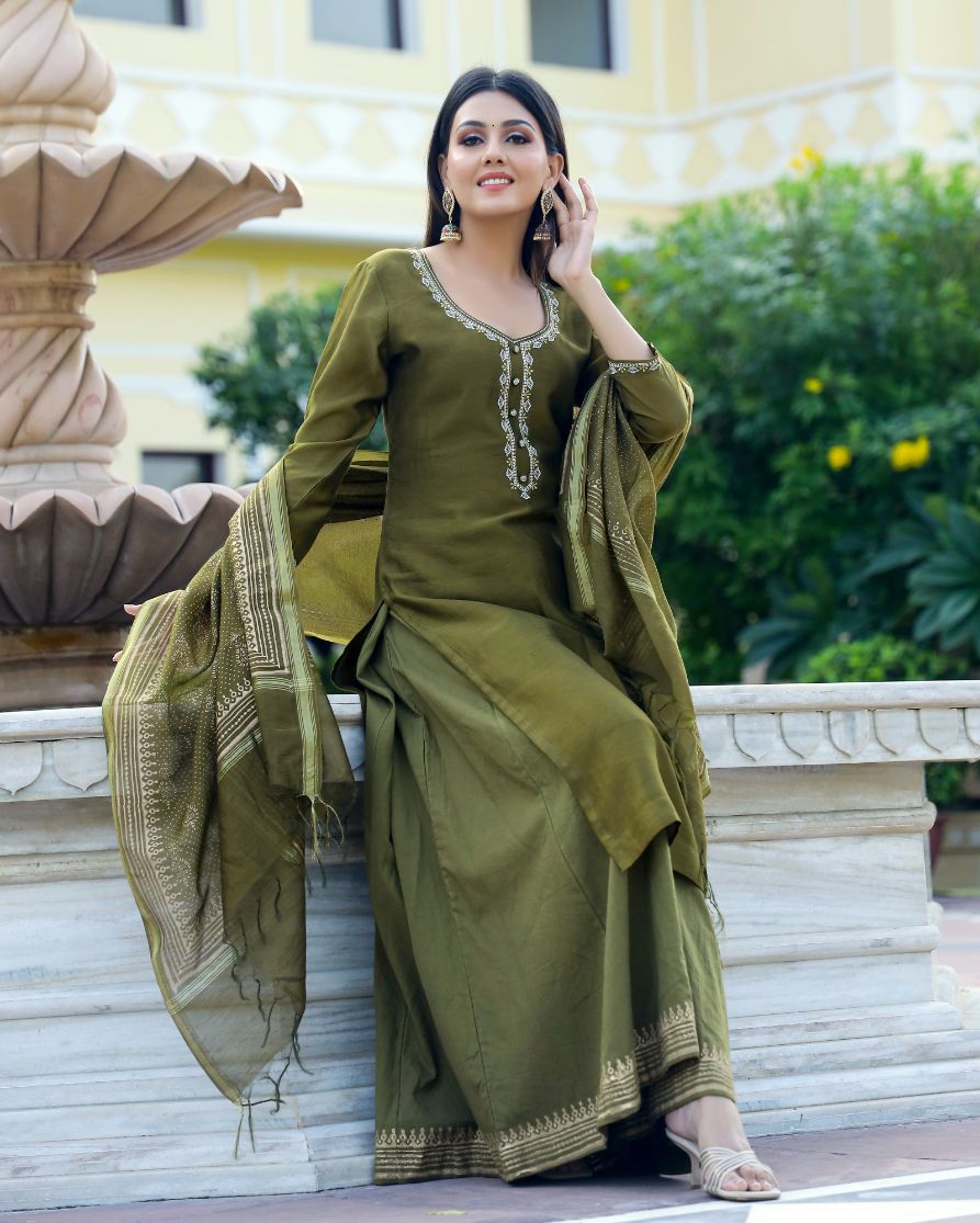 Moss Gold Handblock Chanderi Suit Set