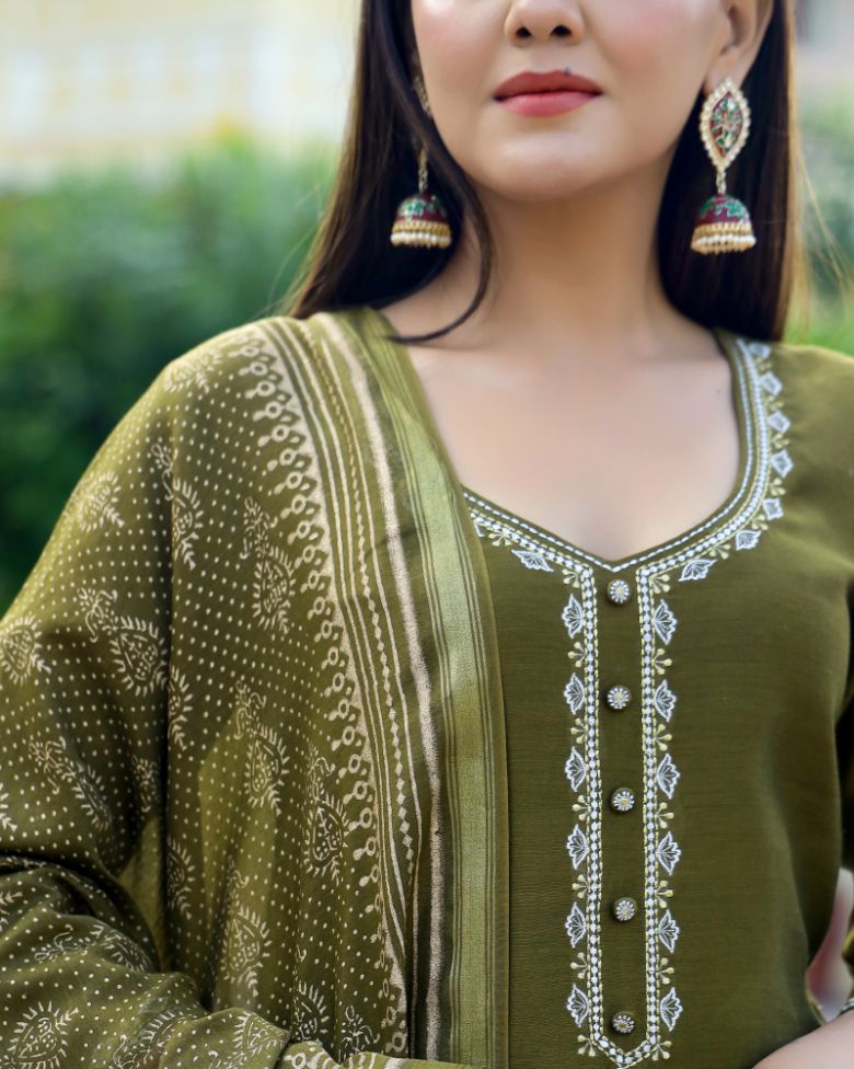 Moss Gold Handblock Chanderi Suit Set