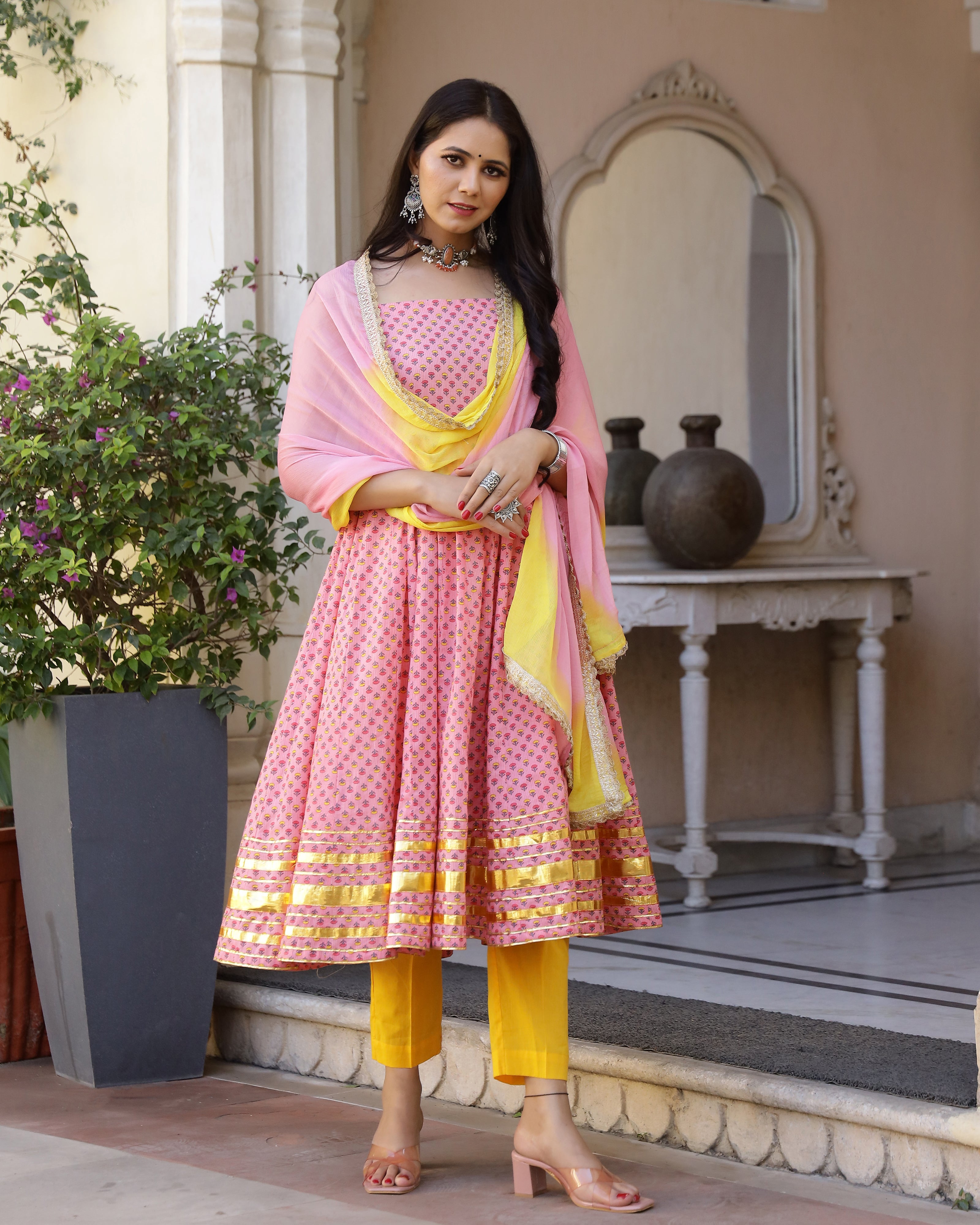 Peach Ethnic Printed Gotapatti Anarkali Suit