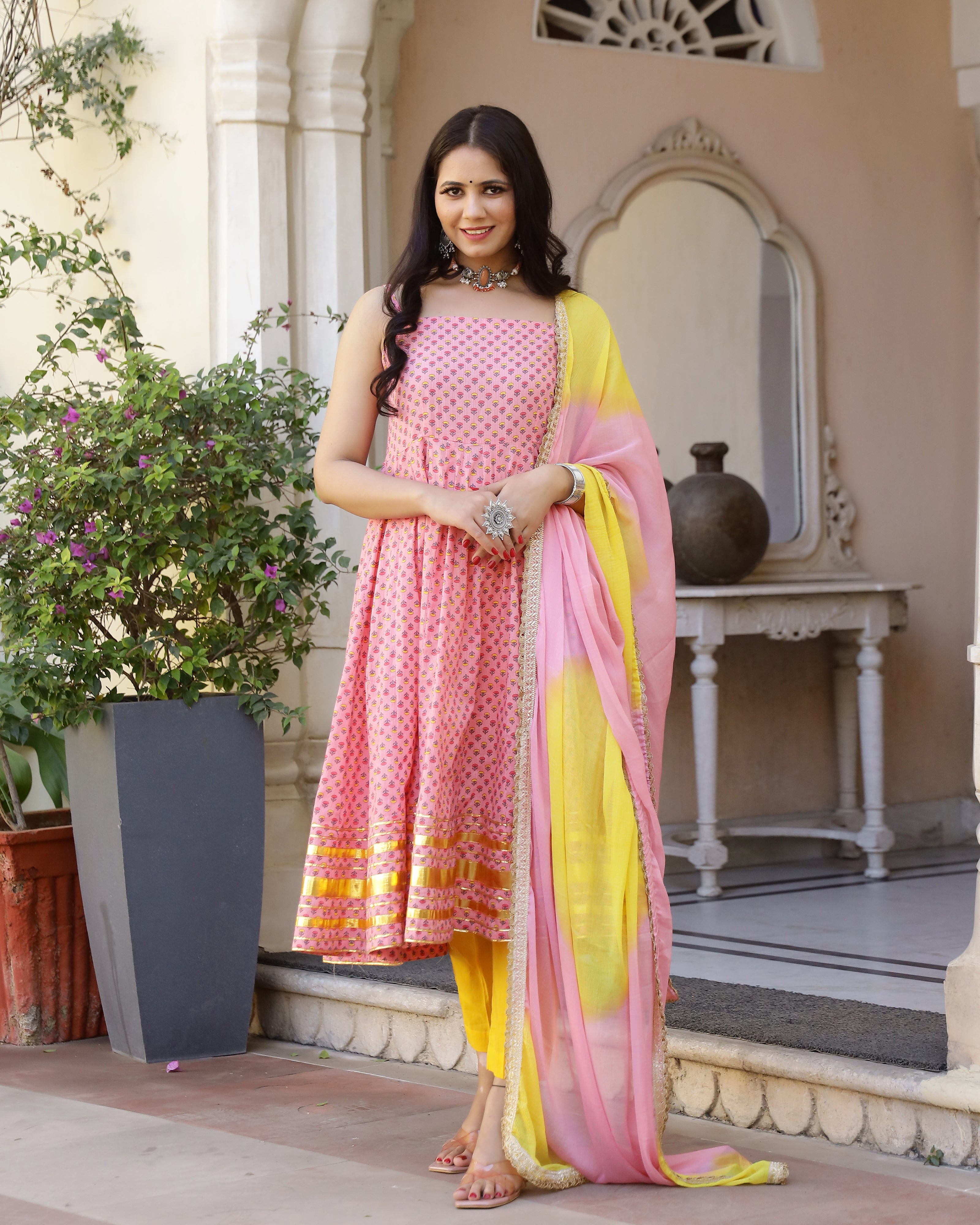 Peach Ethnic Printed Gotapatti Anarkali Suit