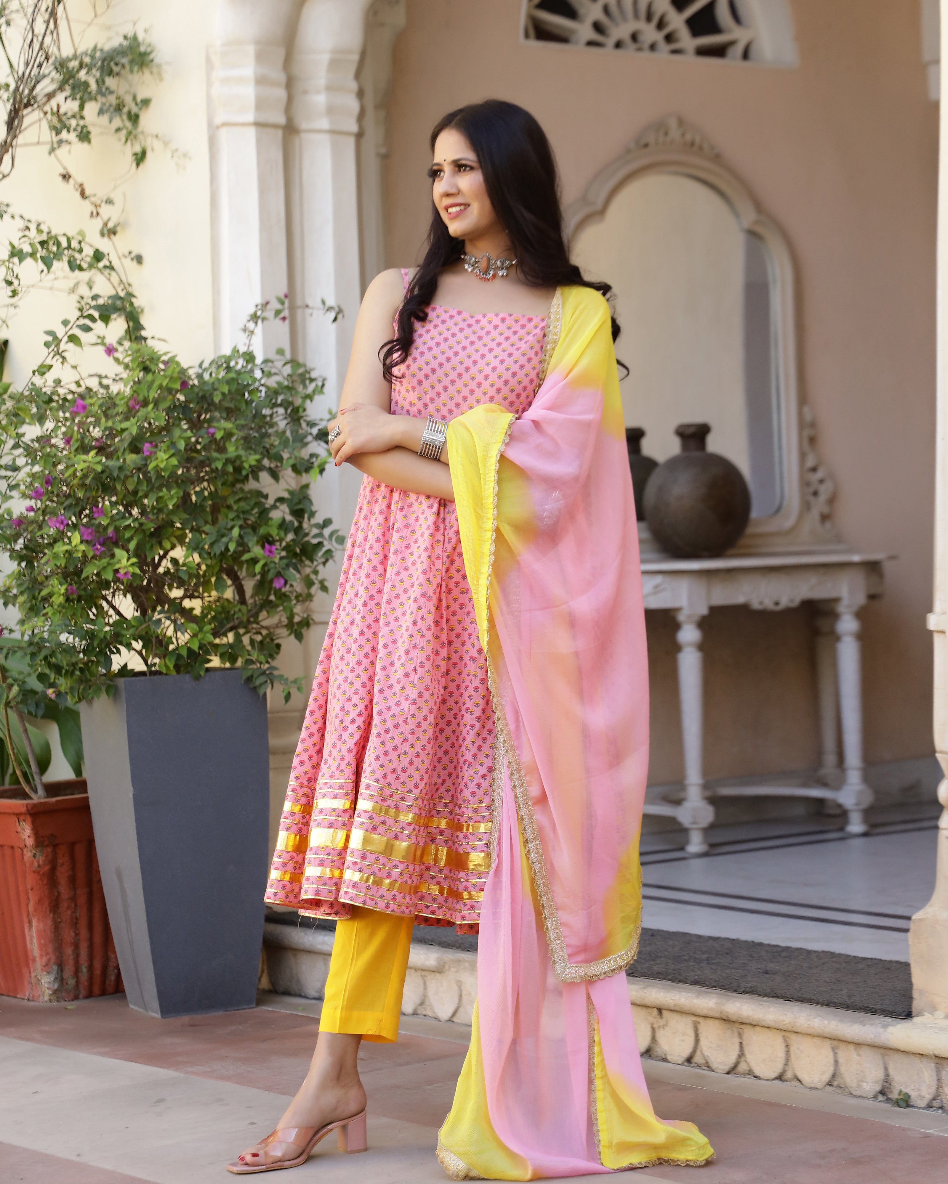 Peach Ethnic Printed Gotapatti Anarkali Suit