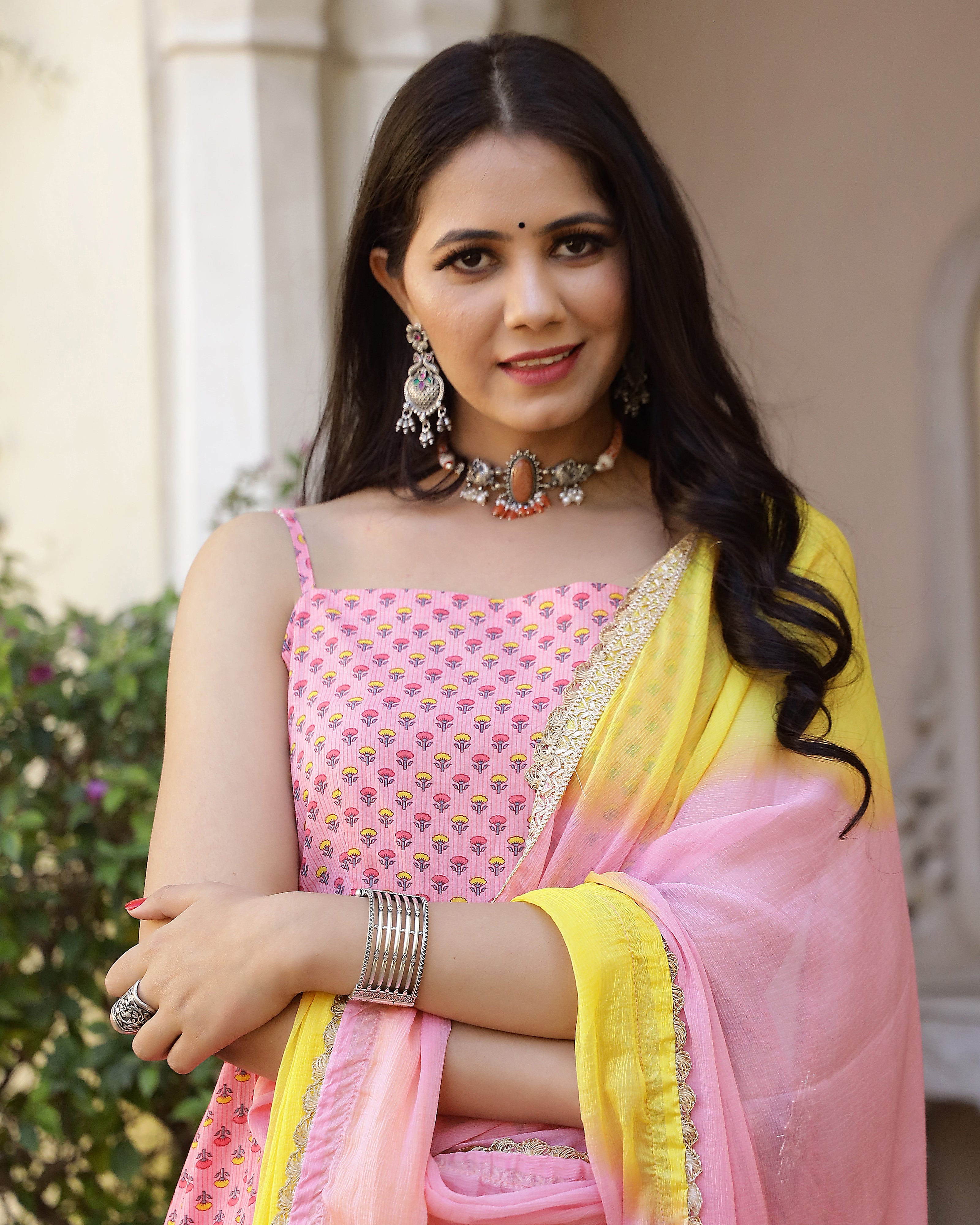 Peach Ethnic Printed Gotapatti Anarkali Suit