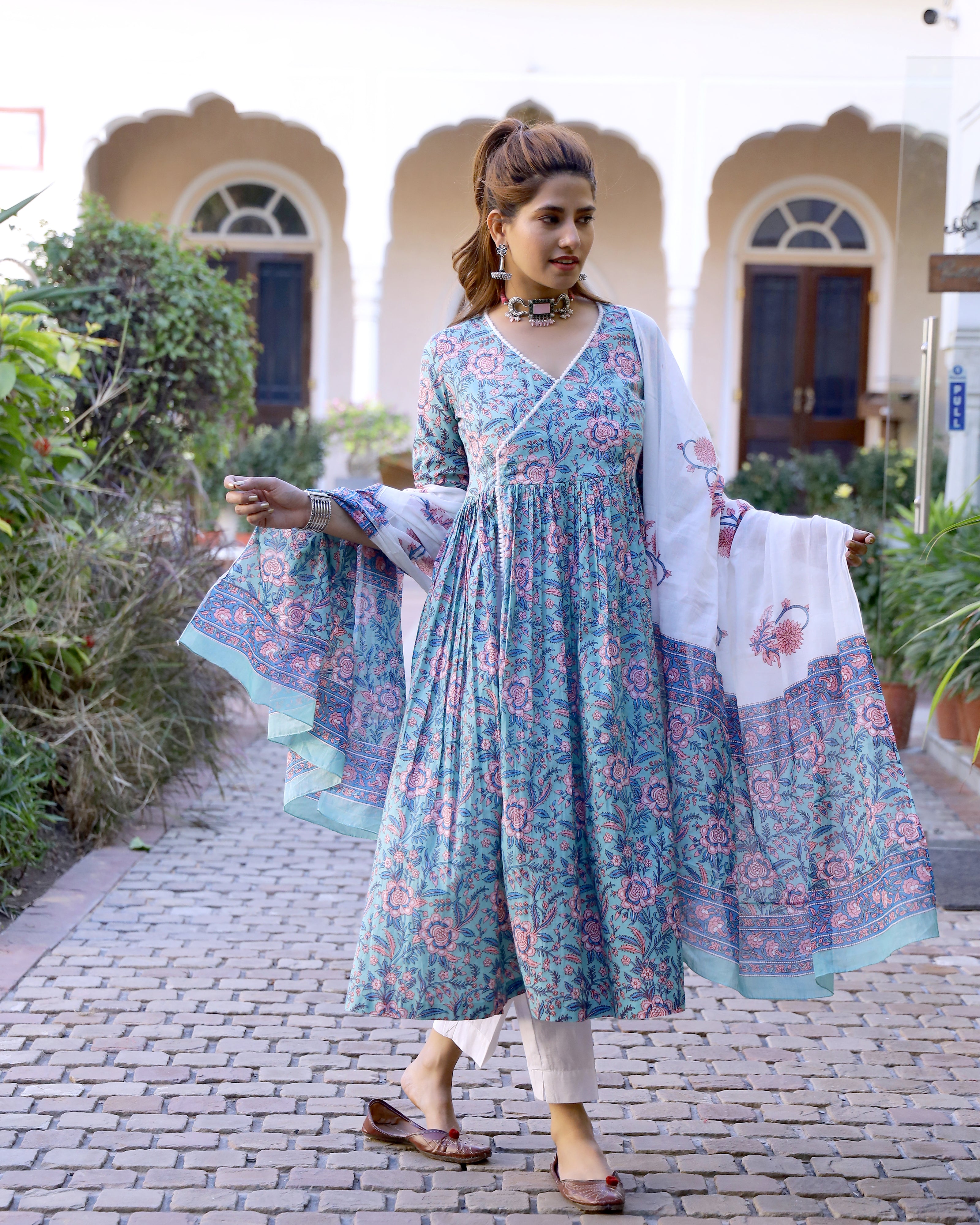 Sky Blue Printed Cotton Kurta Pant set