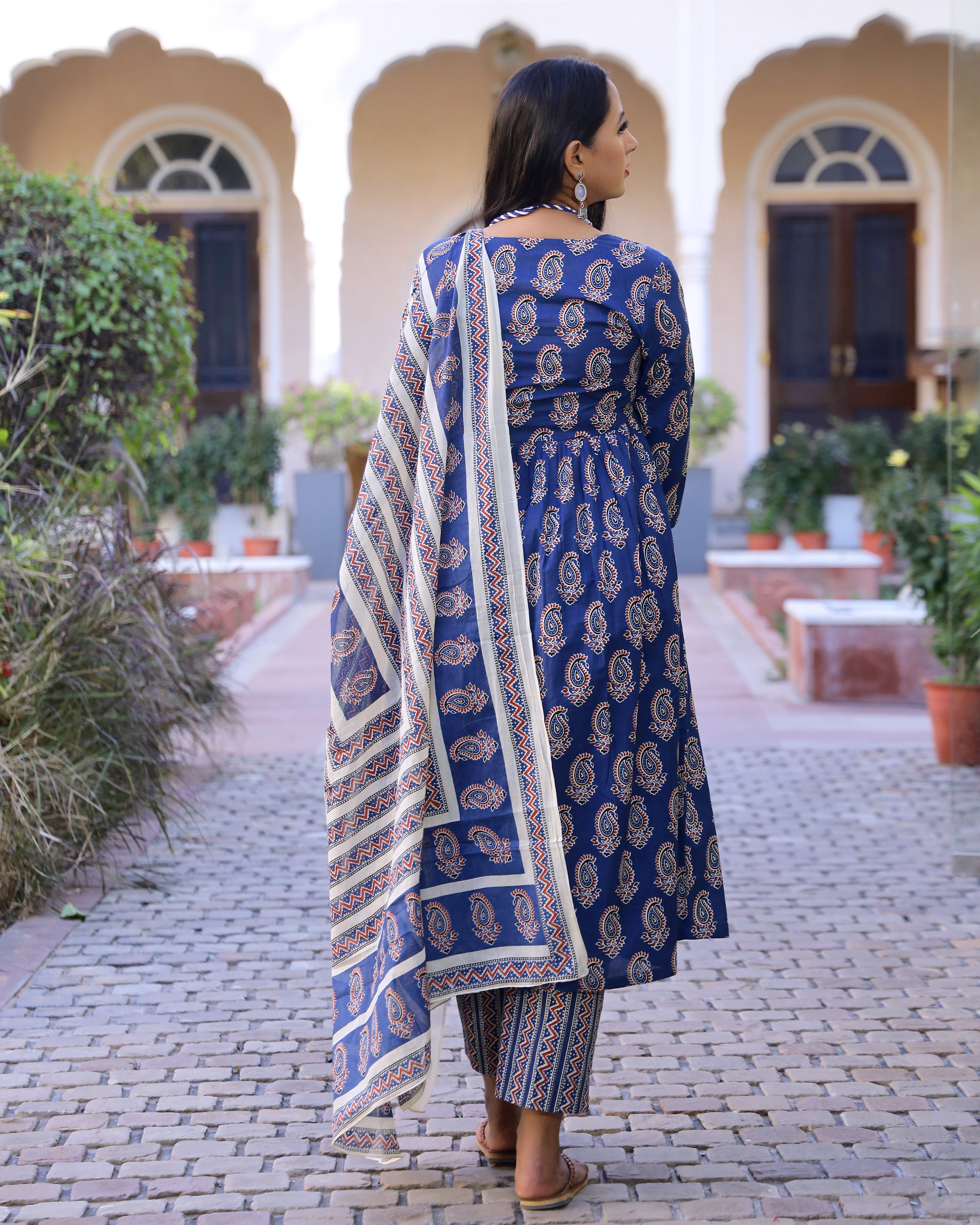 Royal Blue Printed Cotton Kurta Pant set