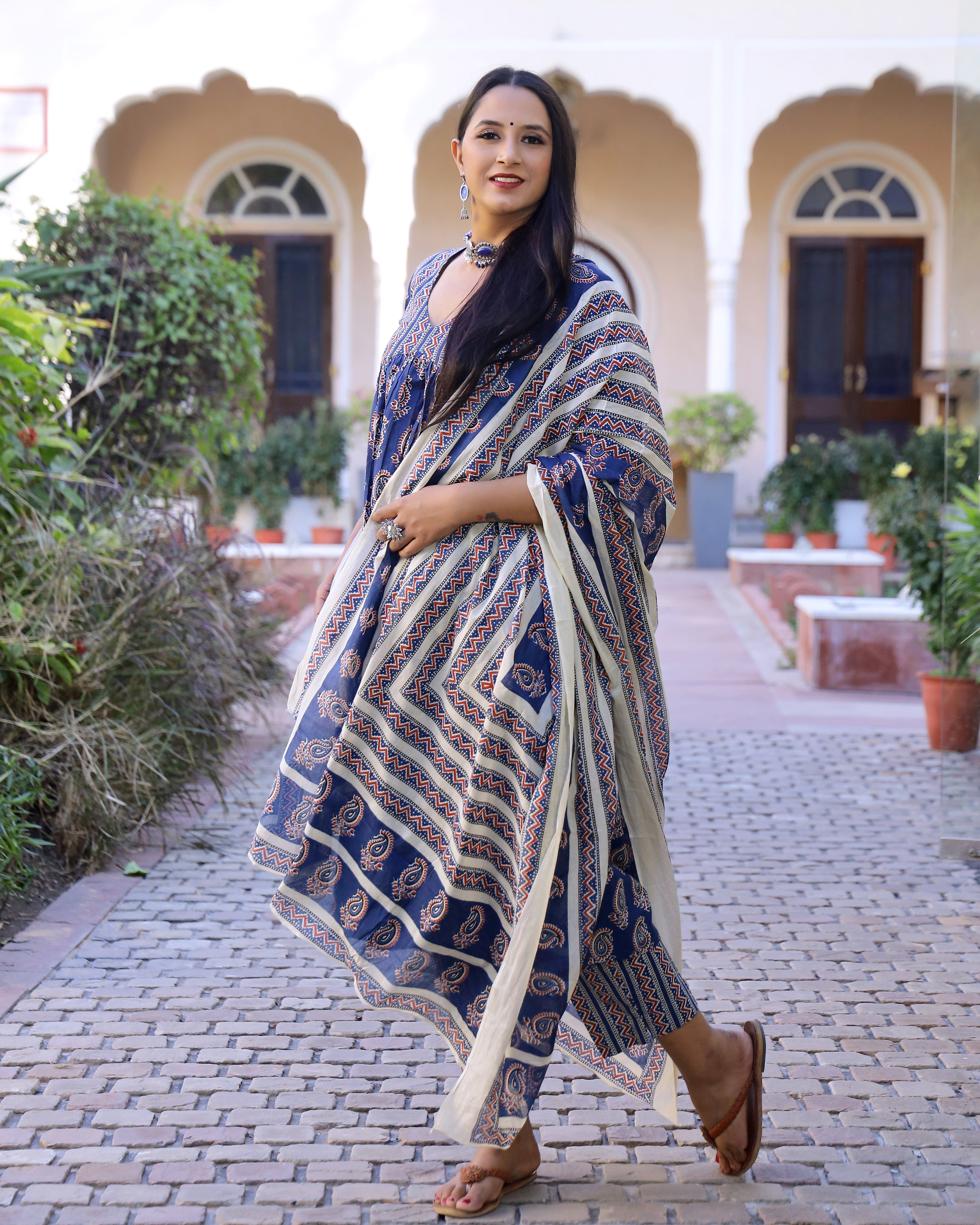Royal Blue Printed Cotton Kurta Pant set