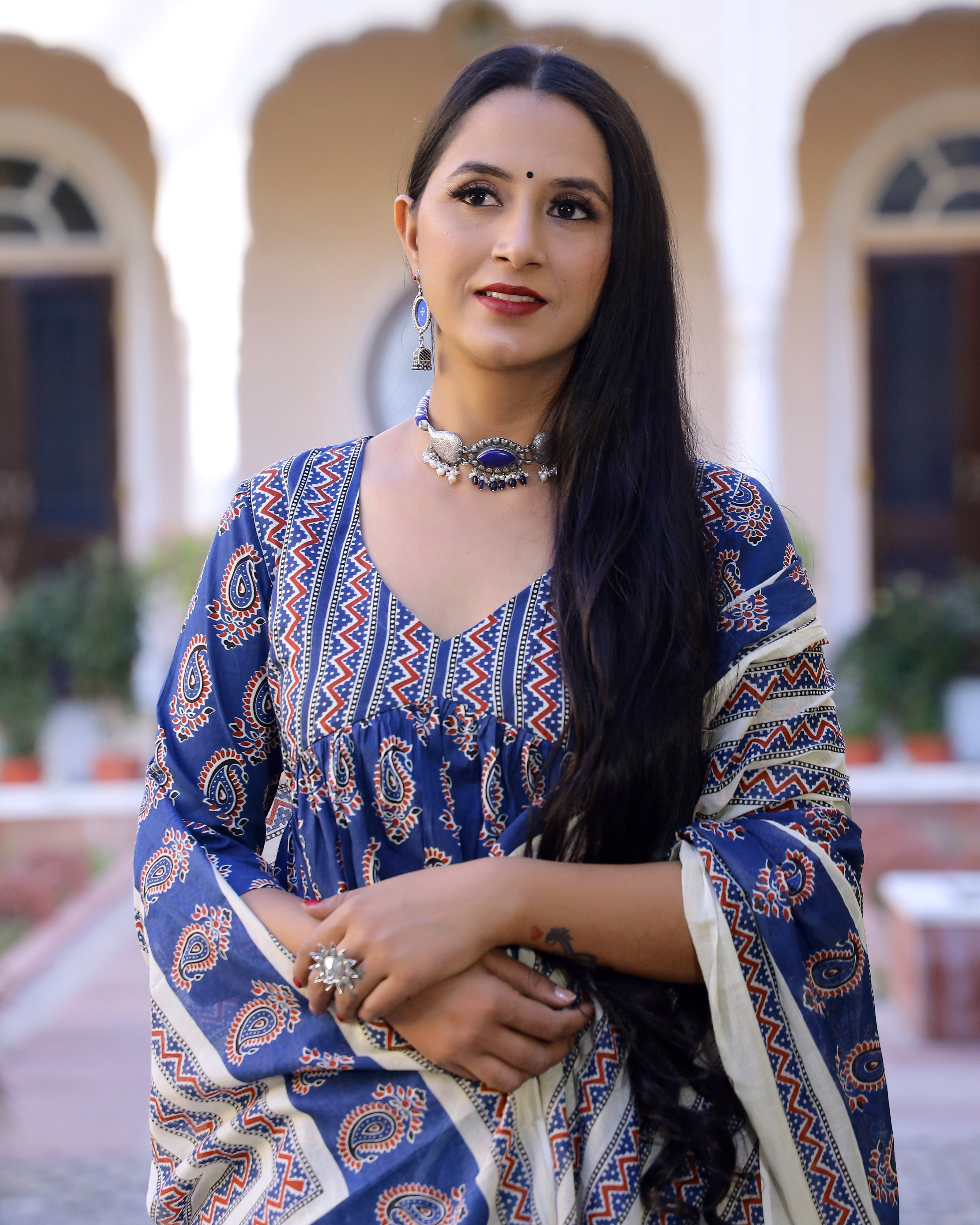 Royal Blue Printed Cotton Kurta Pant set