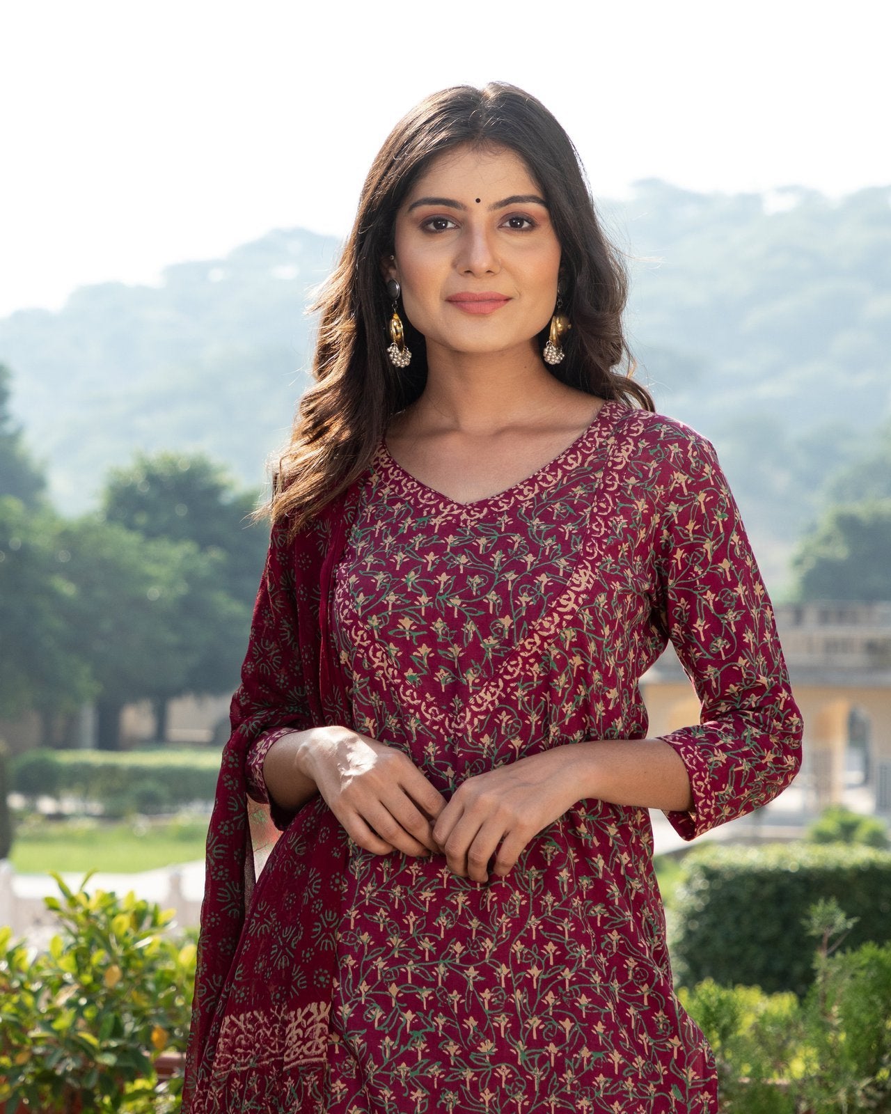 Burgundy & Green Block Butti Print Kurta Pant Suit Set