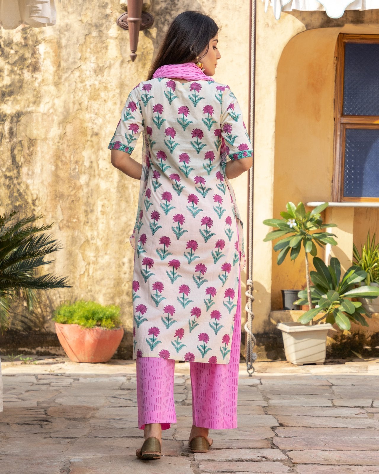 Off-white & Pink Block Print Cotton Kurta Pant Set