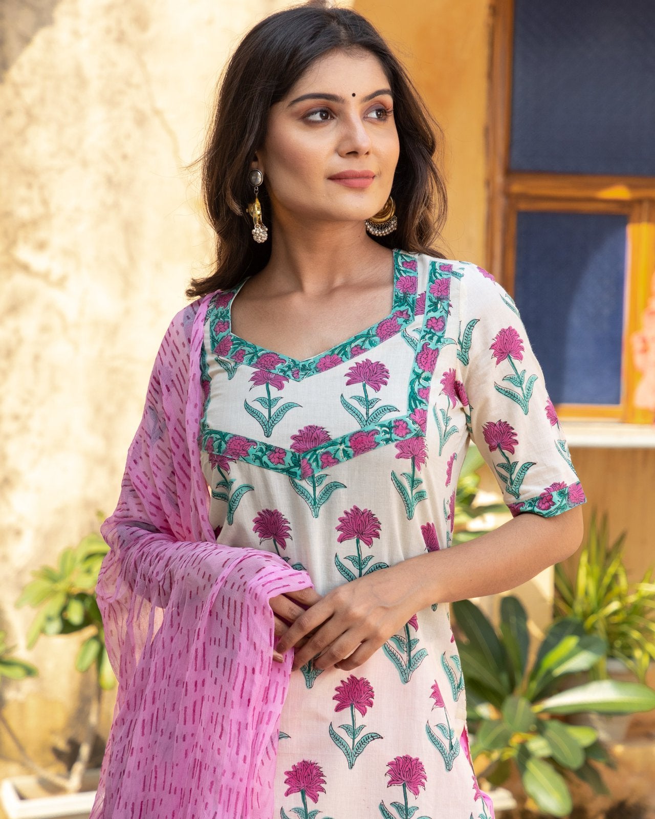Off-white & Pink Block Print Cotton Kurta Pant Set