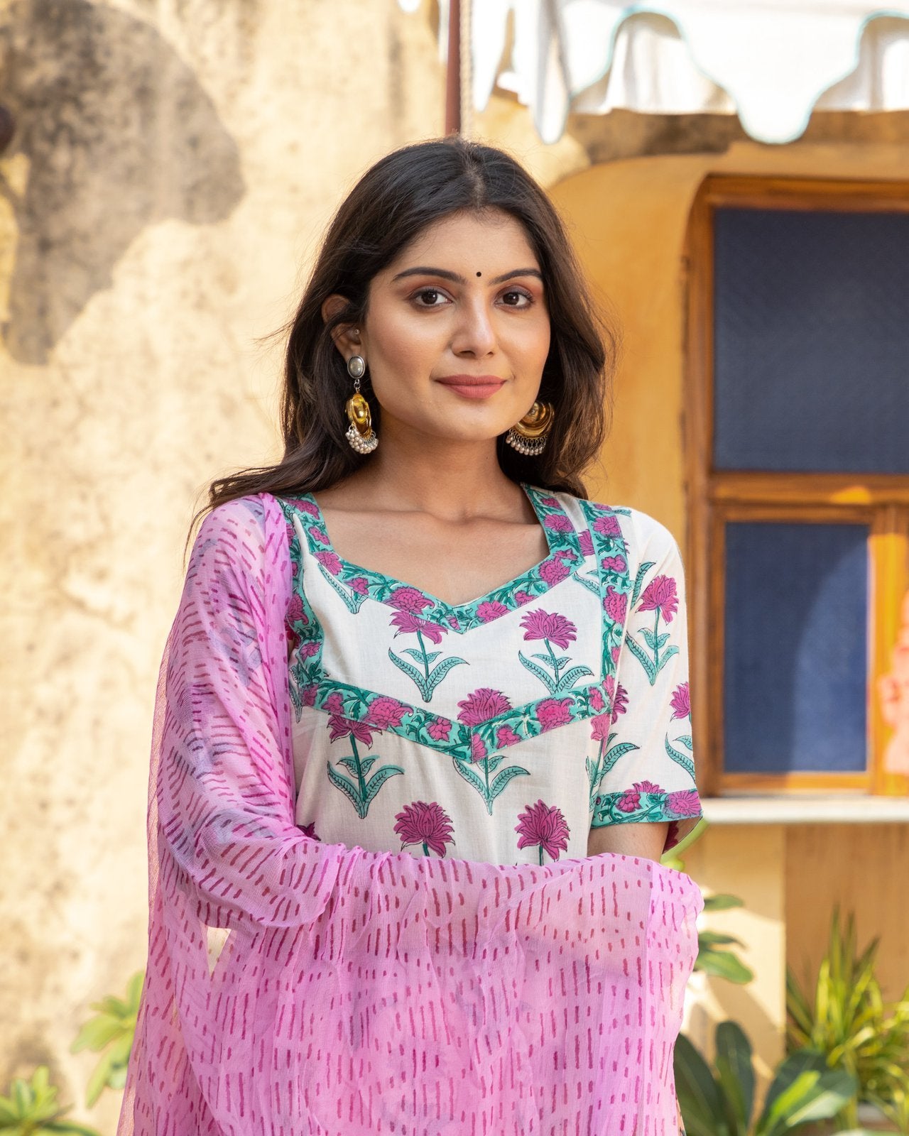 Off-white & Pink Block Print Cotton Kurta Pant Set
