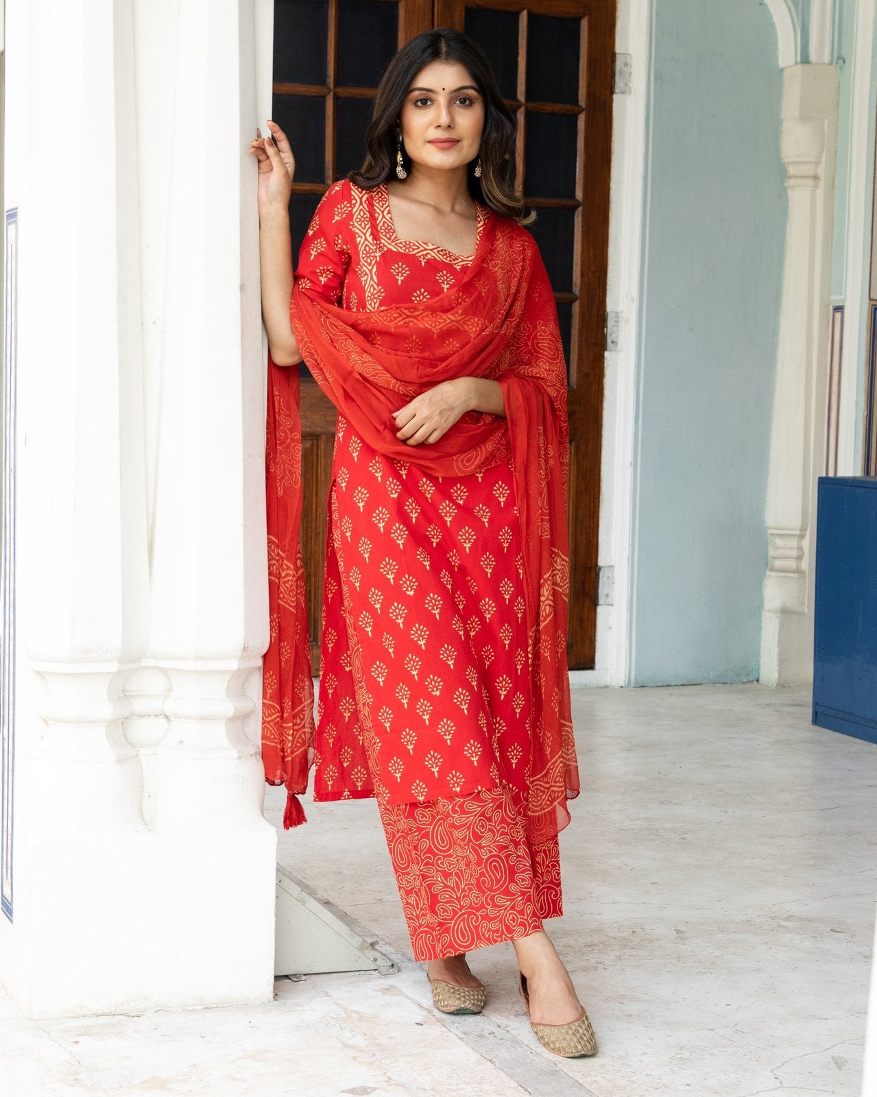 Red & off-white Block Butti Print Cotton Kurta Pant Set