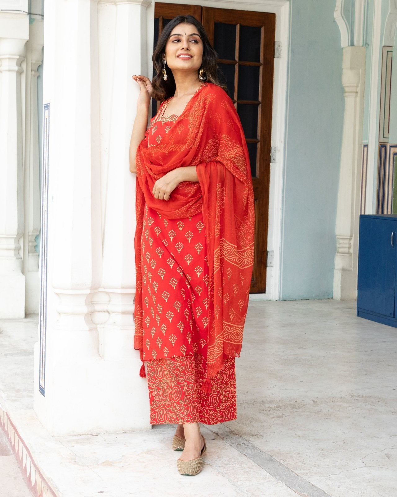 Red & off-white Block Butti Print Cotton Kurta Pant Set